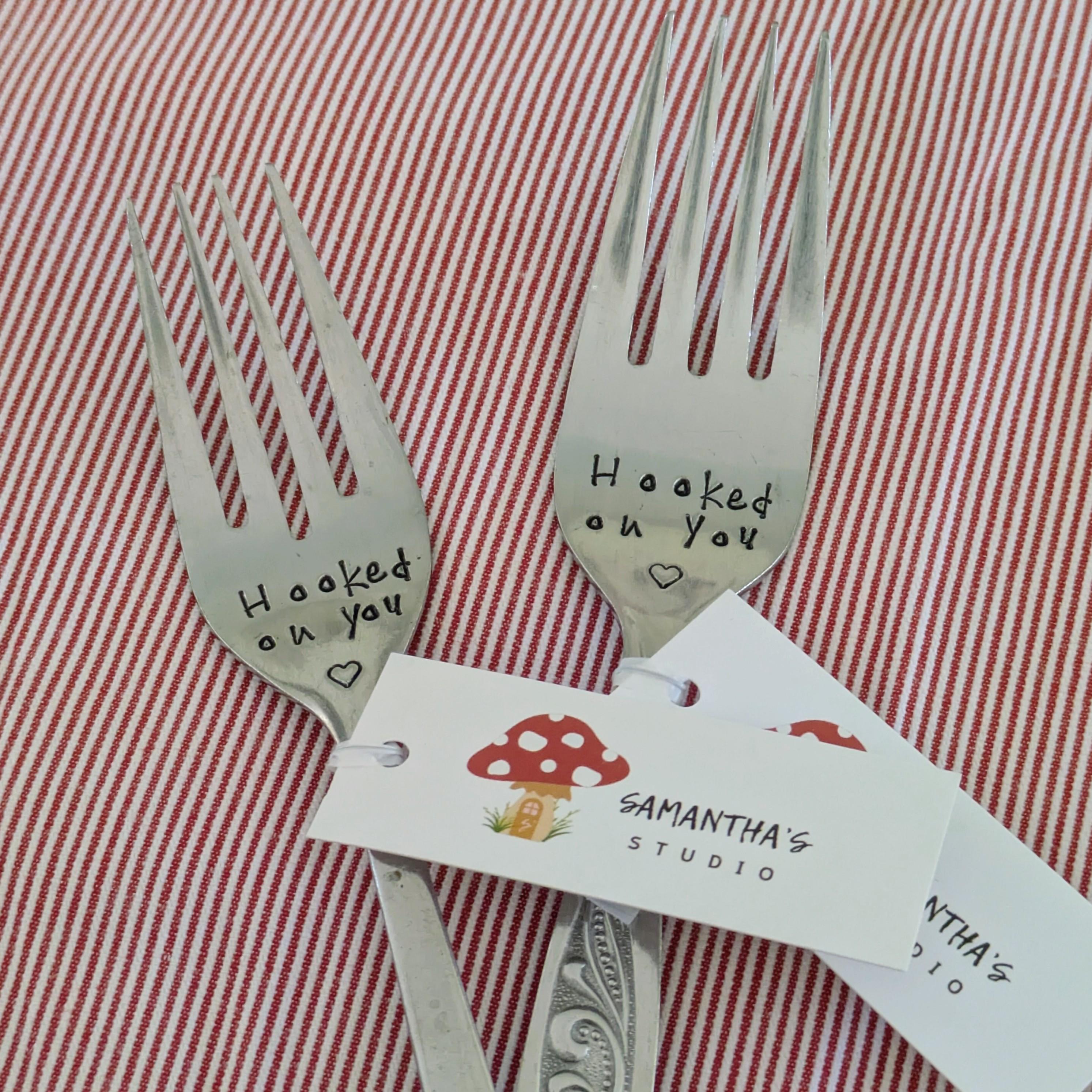 Hooked on You - Quote Cutlery (Fork) Word forks, Upcycled vintage cutlery