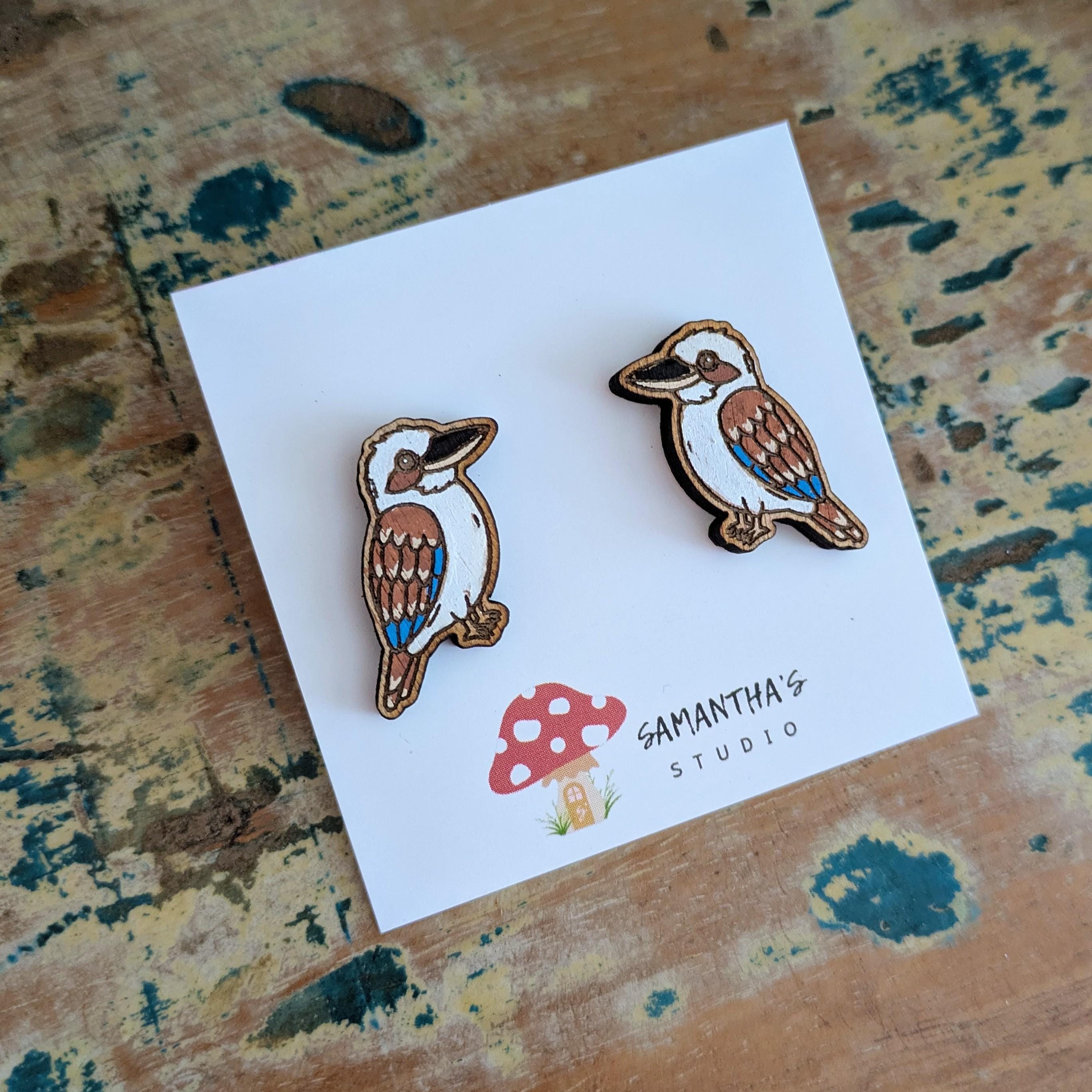 Kookaburra Bird Stud earrings, wooden hand painted Australian bird earrings