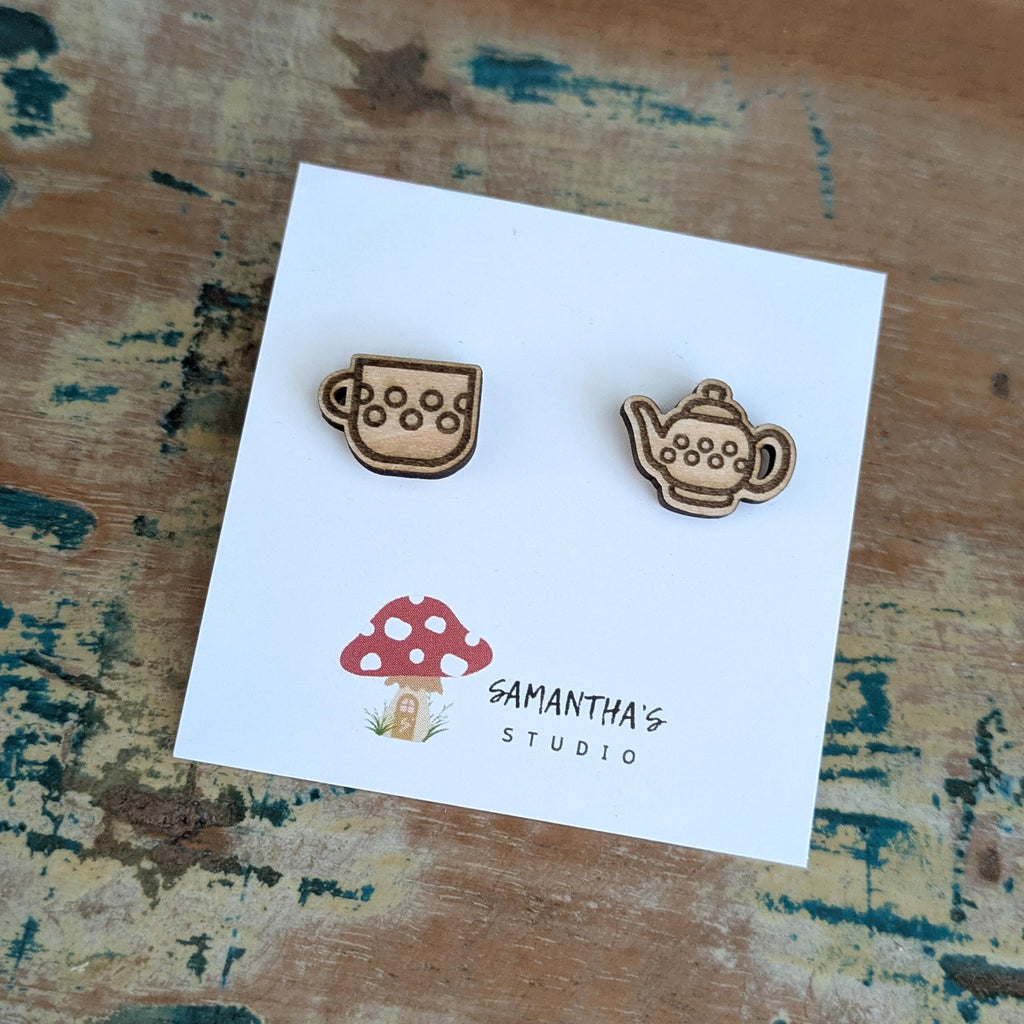 Teapot & Teacup Wooden Stud earrings