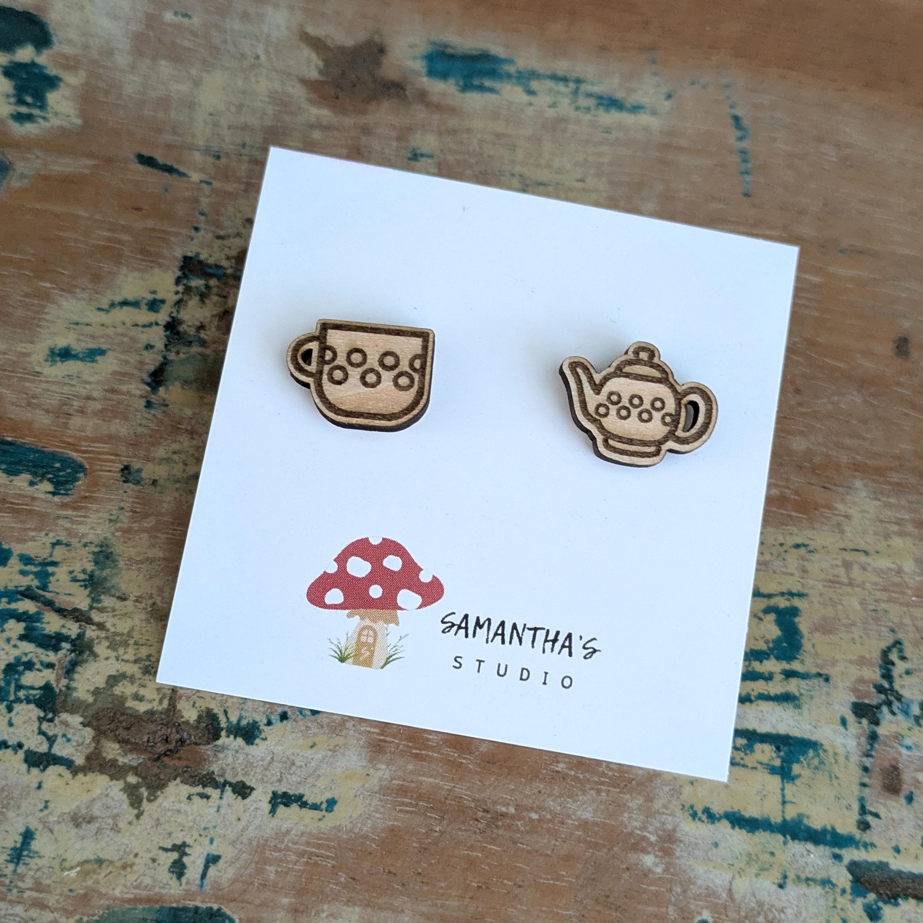 Teapot & Teacup Wooden Stud earrings