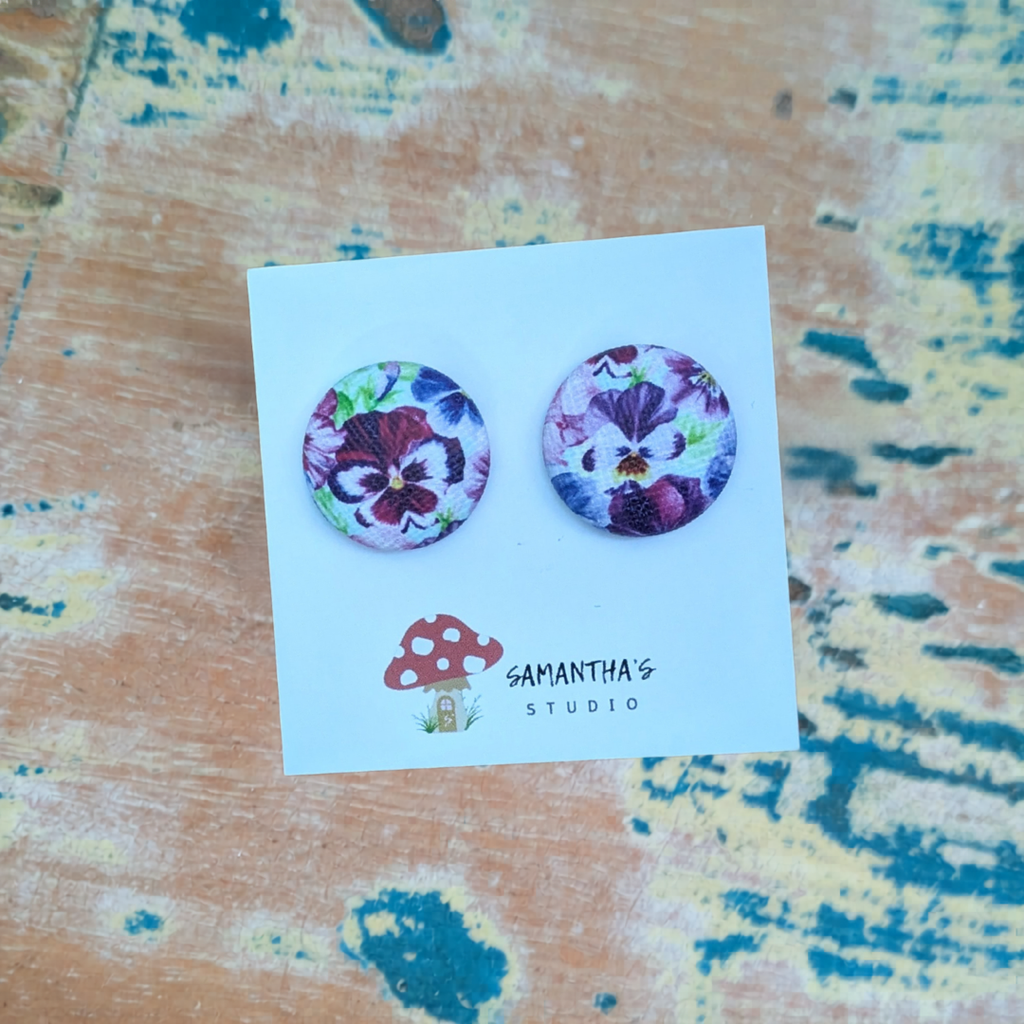 Pansy Flower Button Earrings