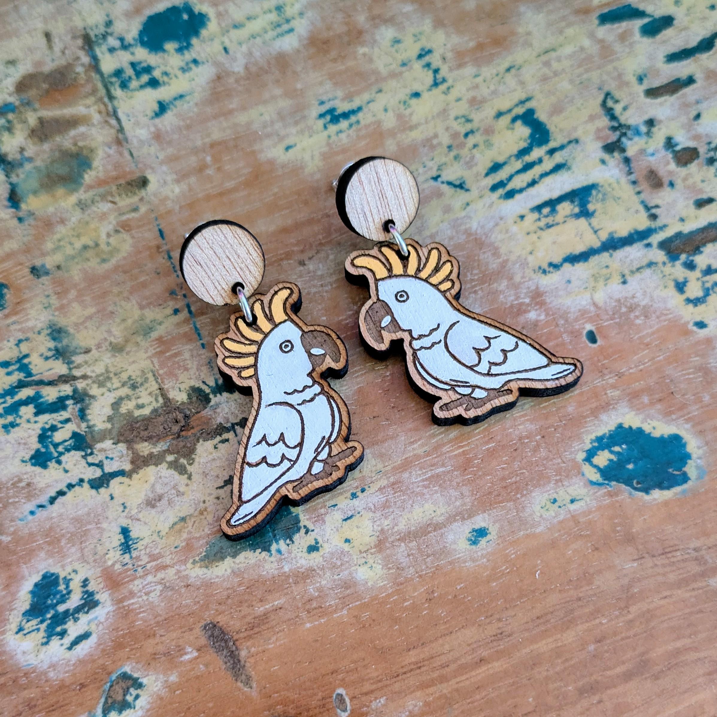 Cookatoo Dangle Earrings, Wooden Bird earrings,