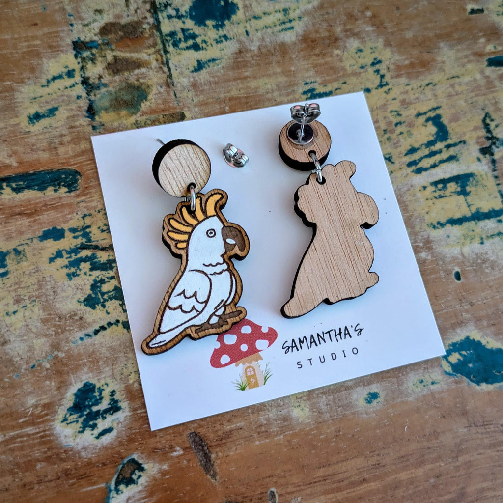 Cookatoo Dangle Earrings, Wooden Bird earrings,
