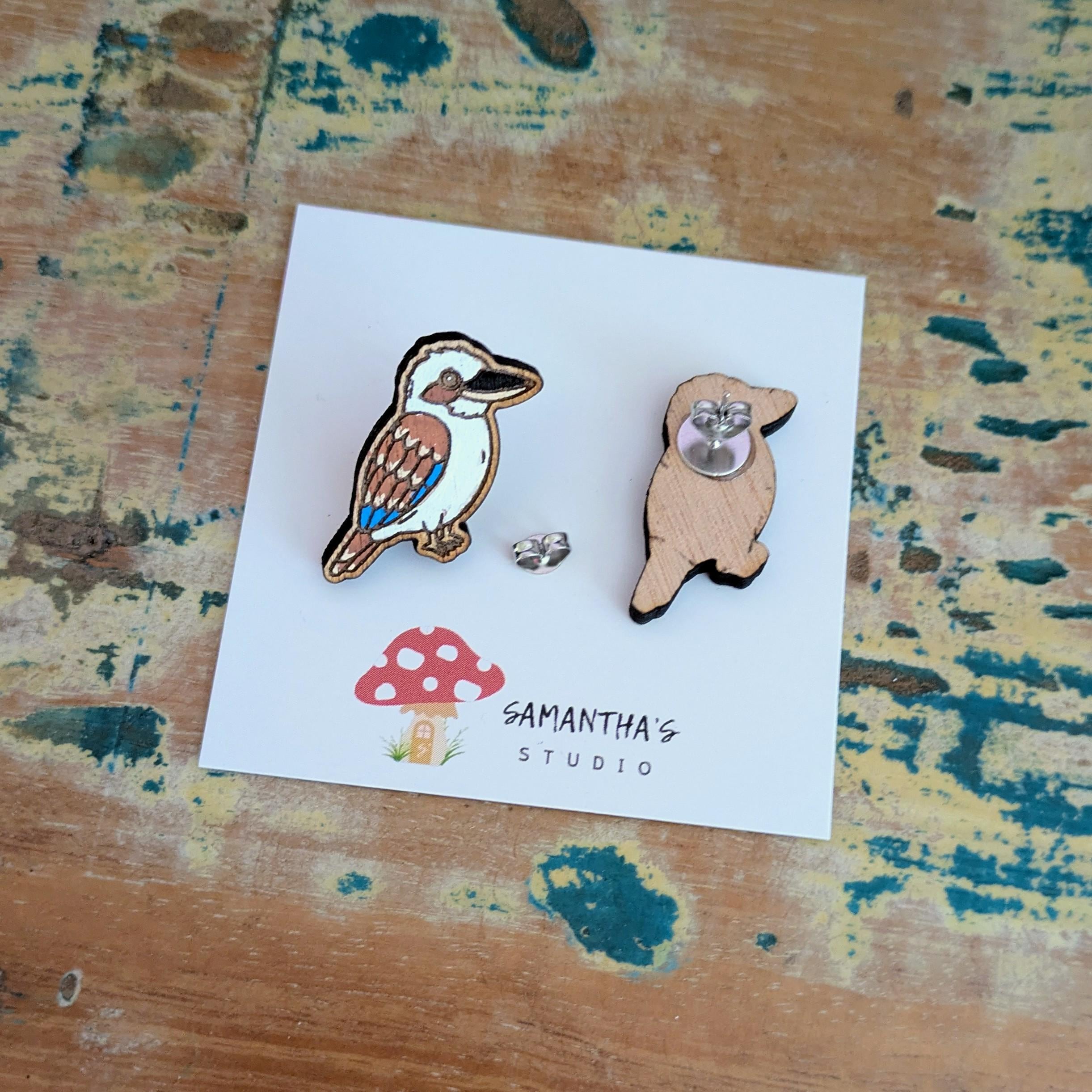 Kookaburra Bird Stud earrings, wooden hand painted Australian bird earrings