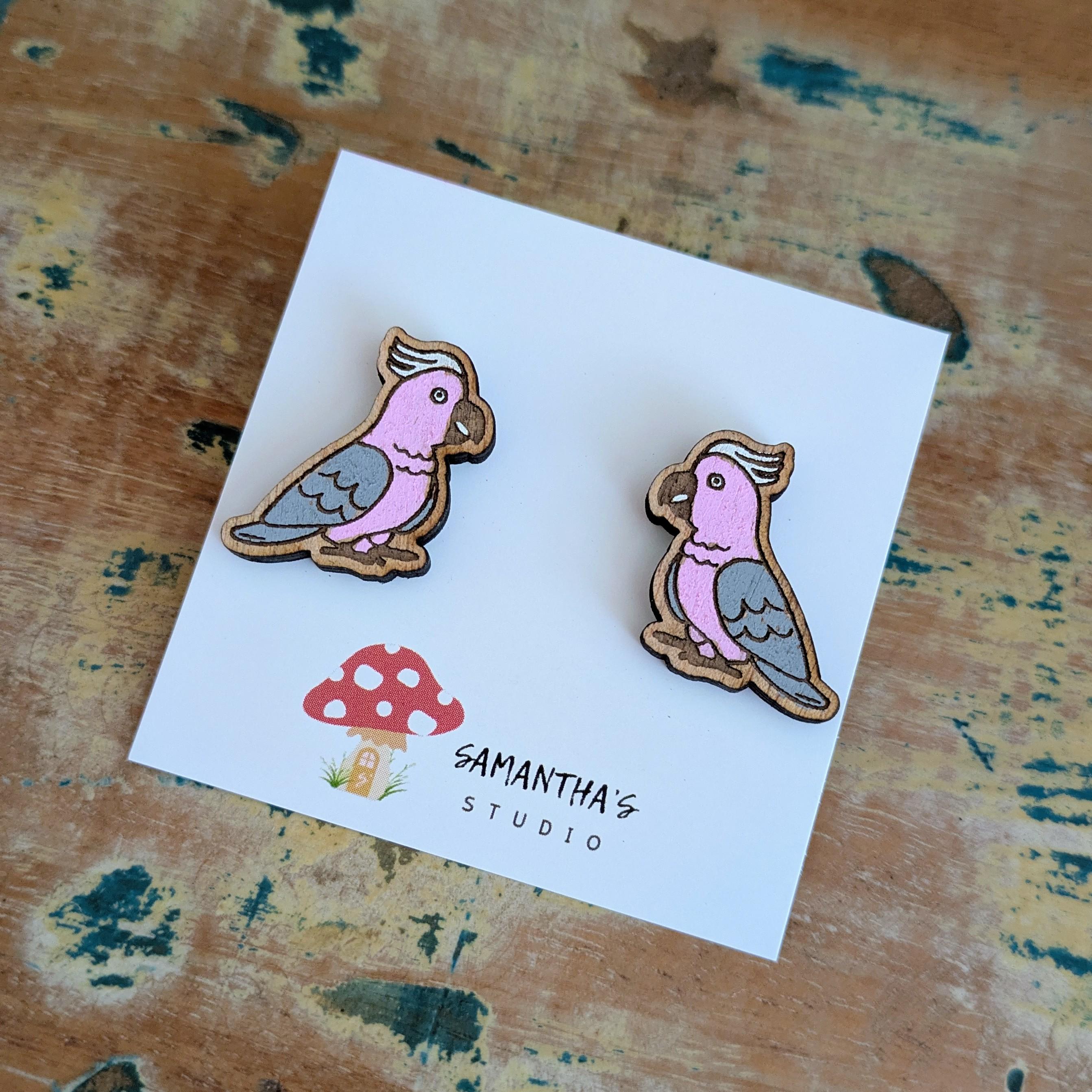 Galah Bird Stud earrings, wooden hand painted Australian bird earrings
