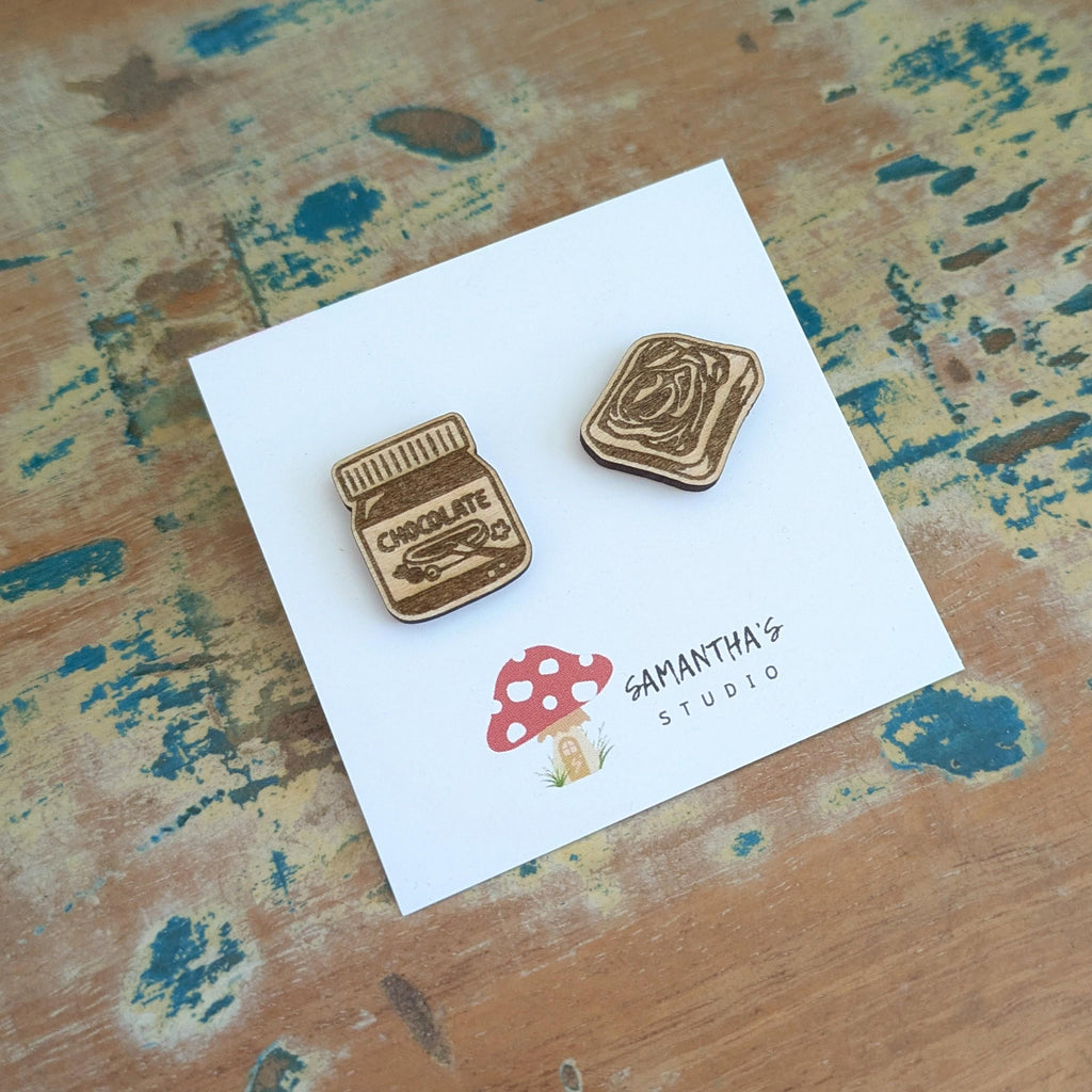 Chocolate Spread & Toast wooden stud earrings