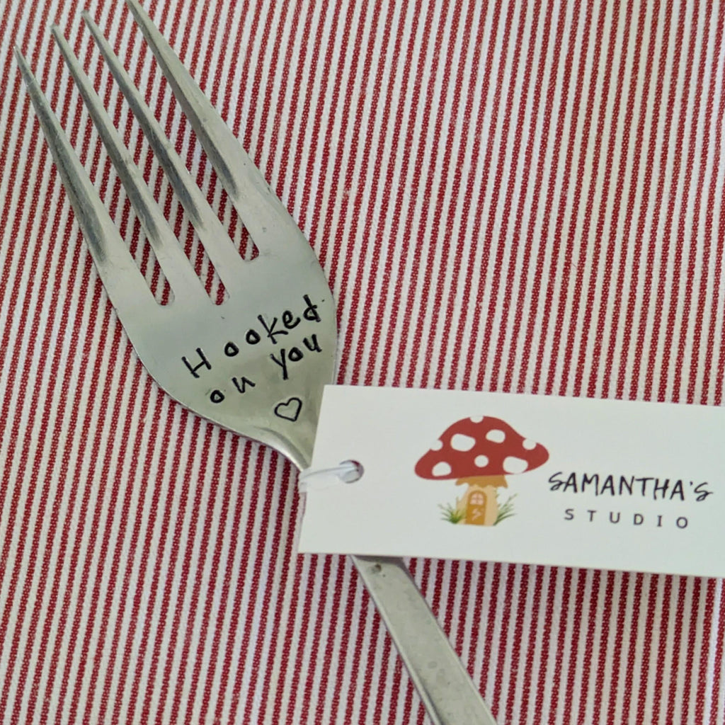 Hooked on You - Quote Cutlery (Fork) Word forks, Upcycled vintage cutlery