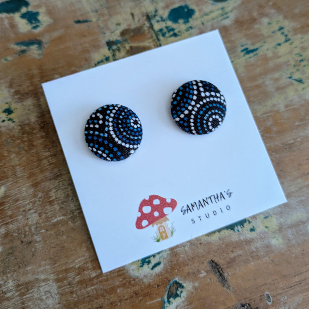 Indigenous Dot Art Fabric Button stud earrings in blues & black