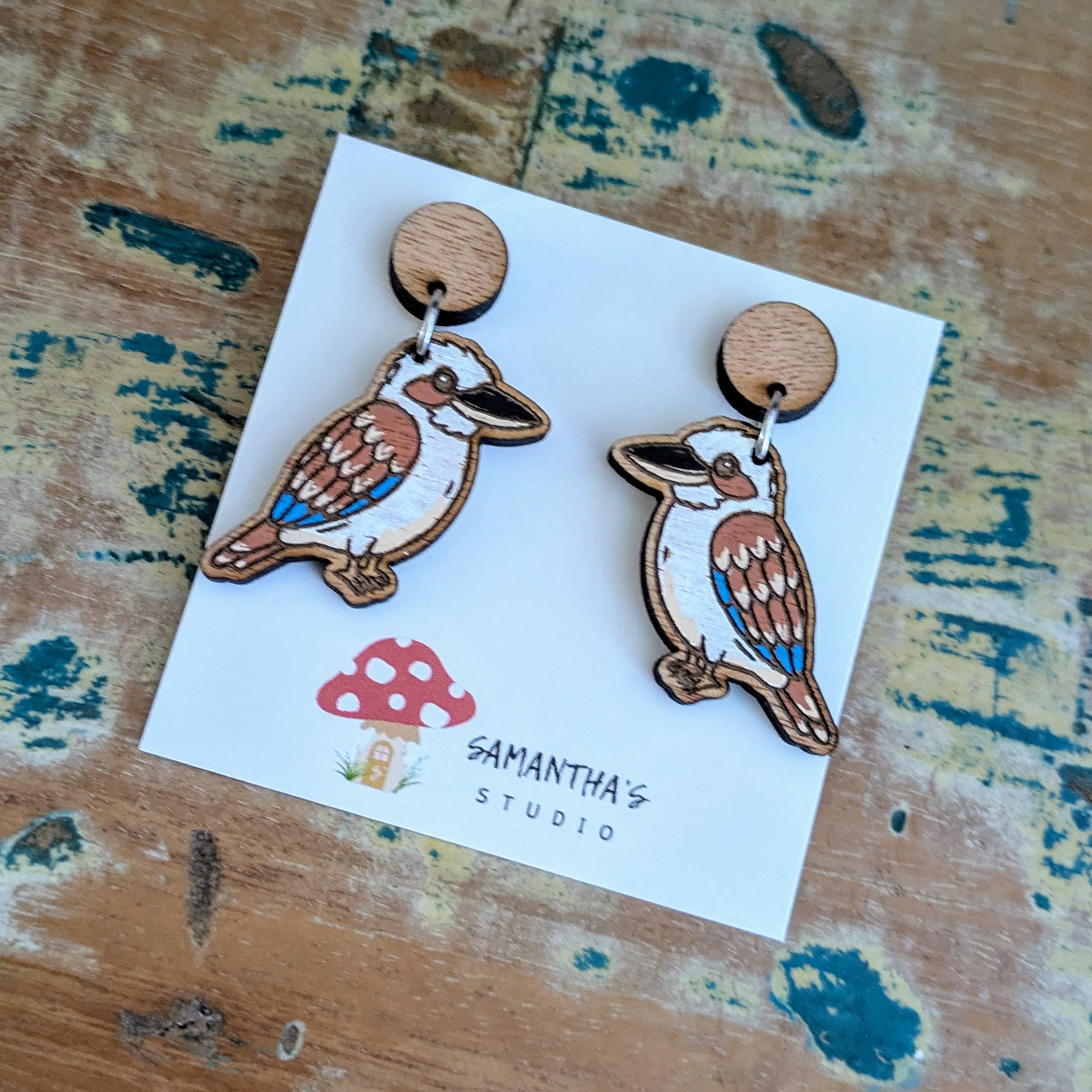 Kookaburra Bird Dangle Earrings, Wooden handprinted earrings.