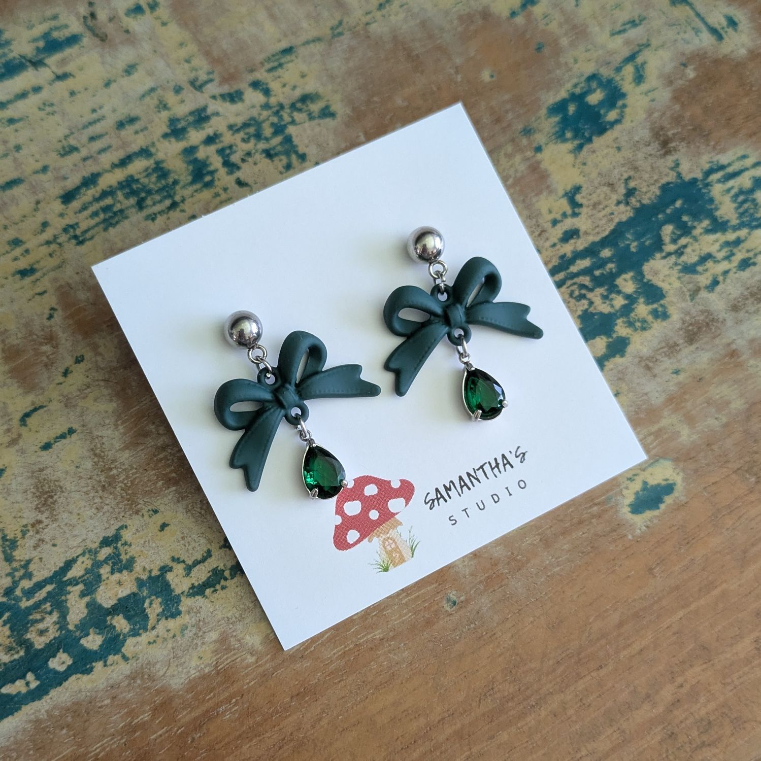FOREST GREEN BOW & BLING EARRINGS