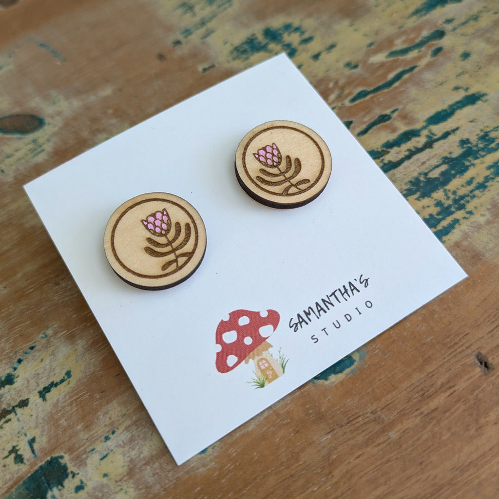Protea Pink Ice wooden stud earrings
