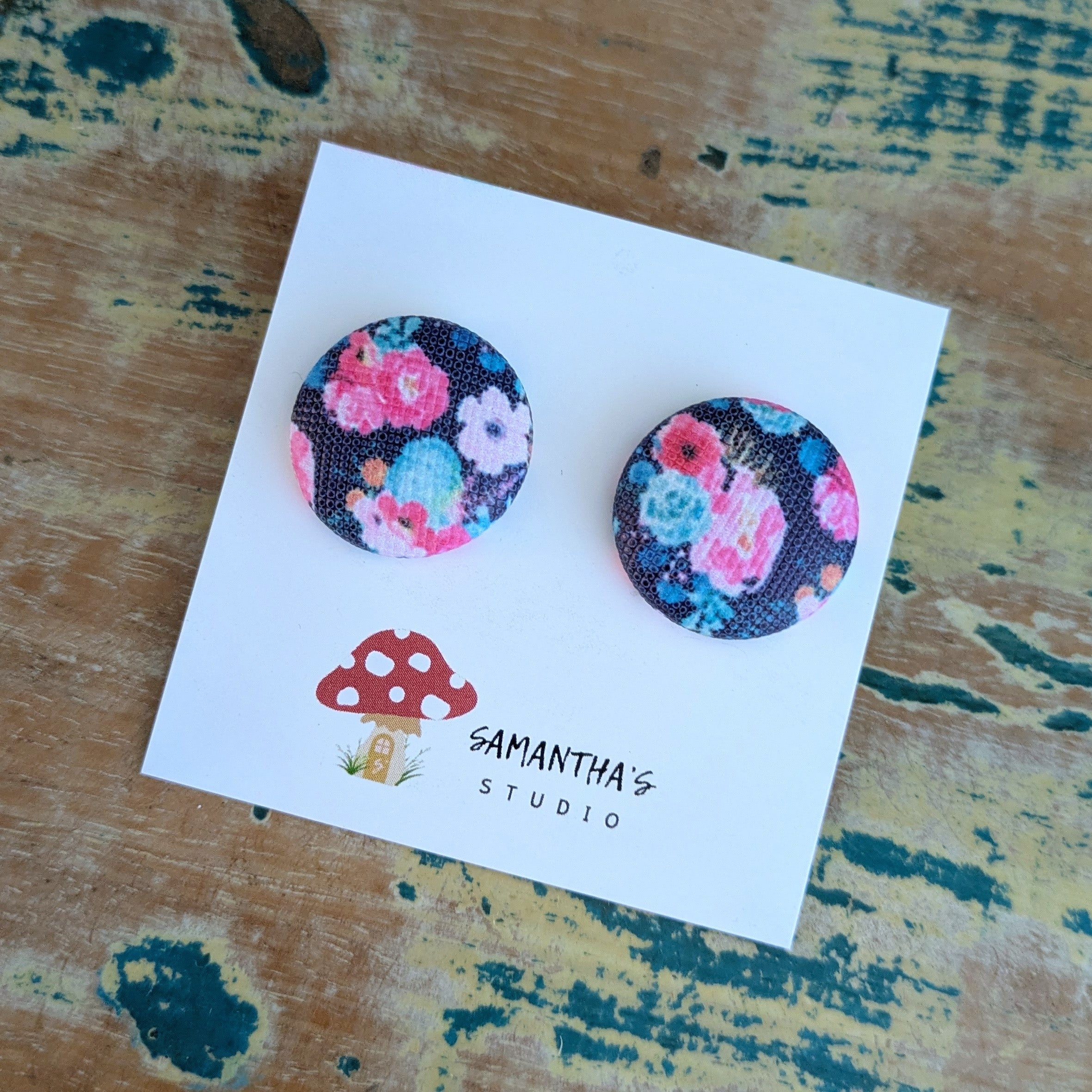 Navy Floral Button stud earrings