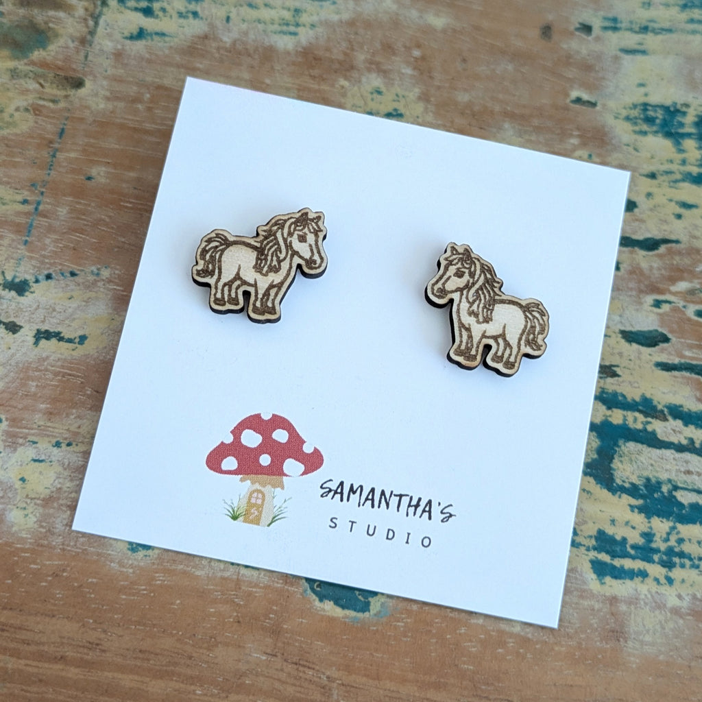 Horse wooden stud earrings