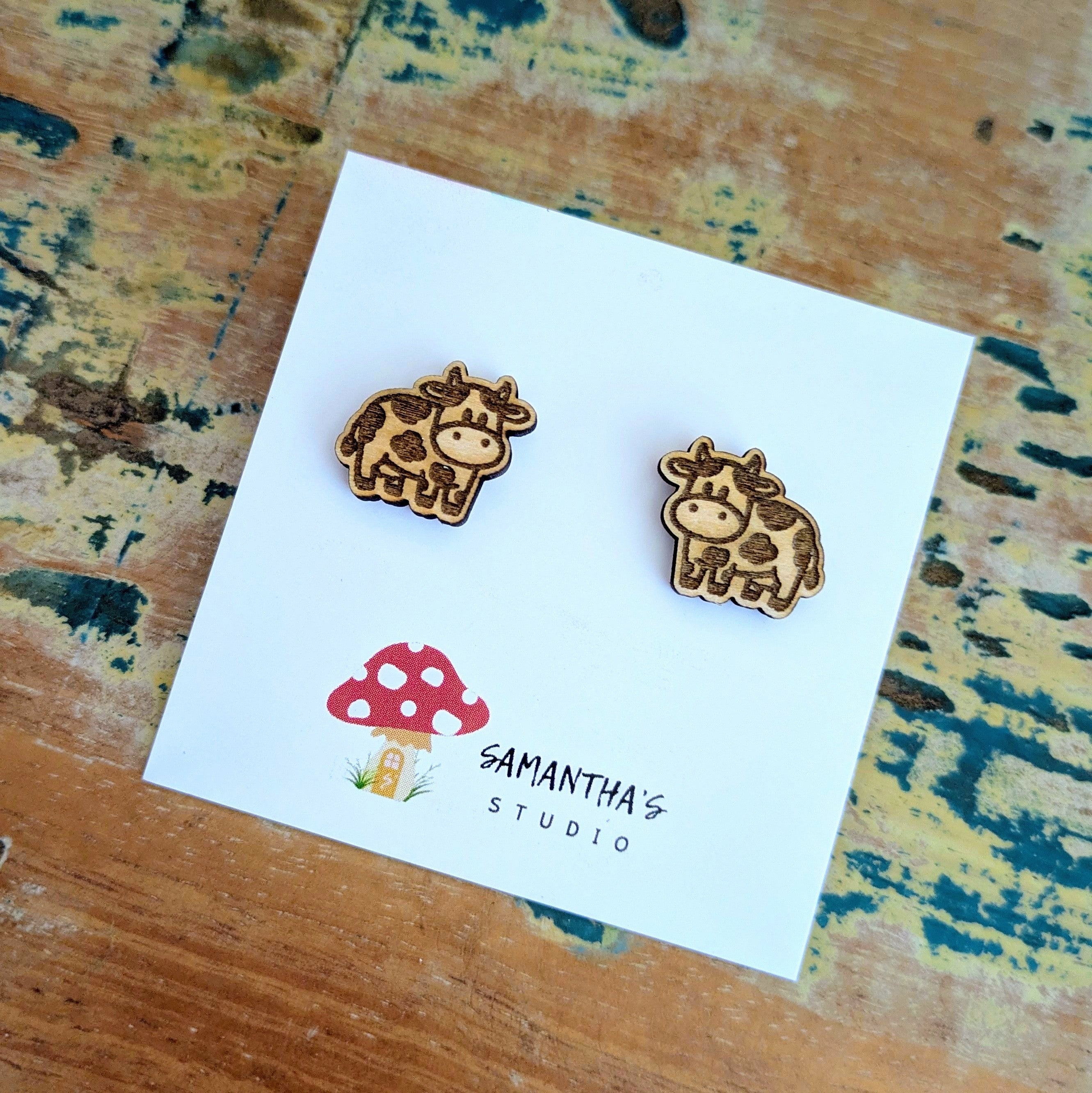 Cow wooden stud earrings