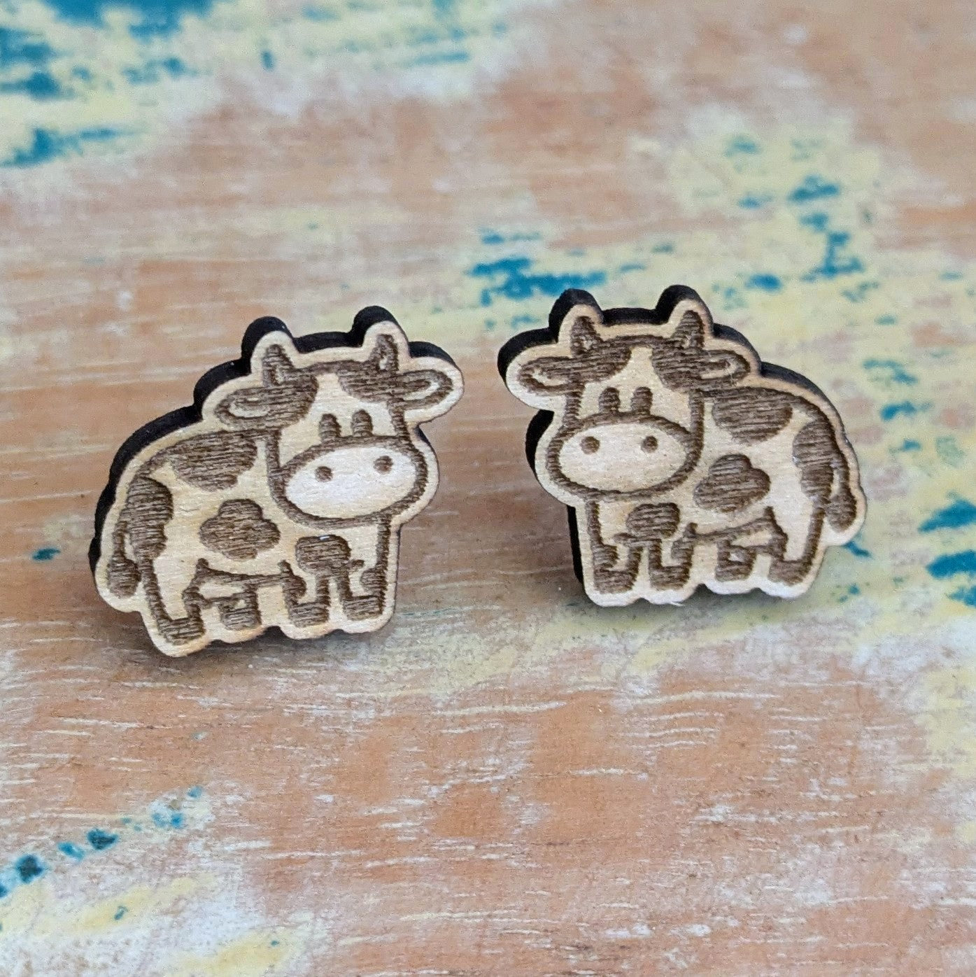 Cow wooden stud earrings