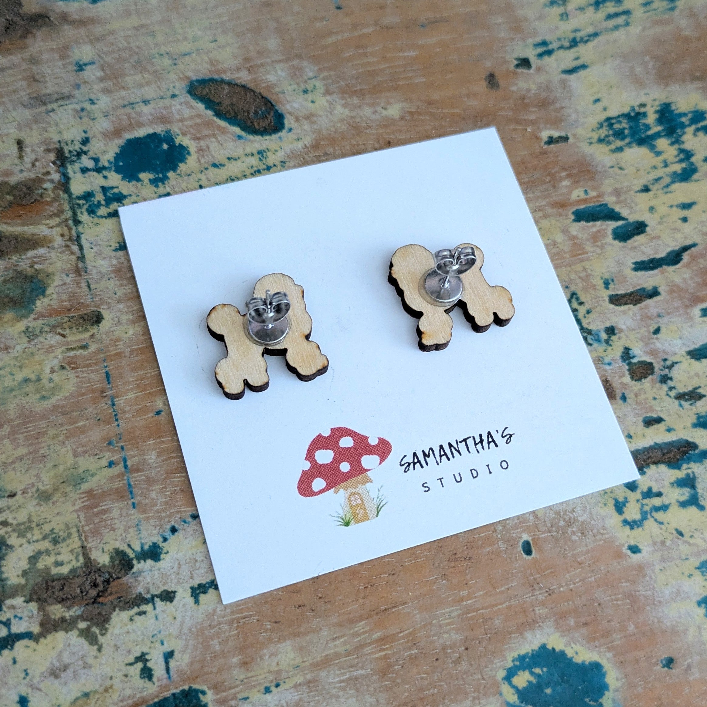 Poodle Dog wooden stud earrings