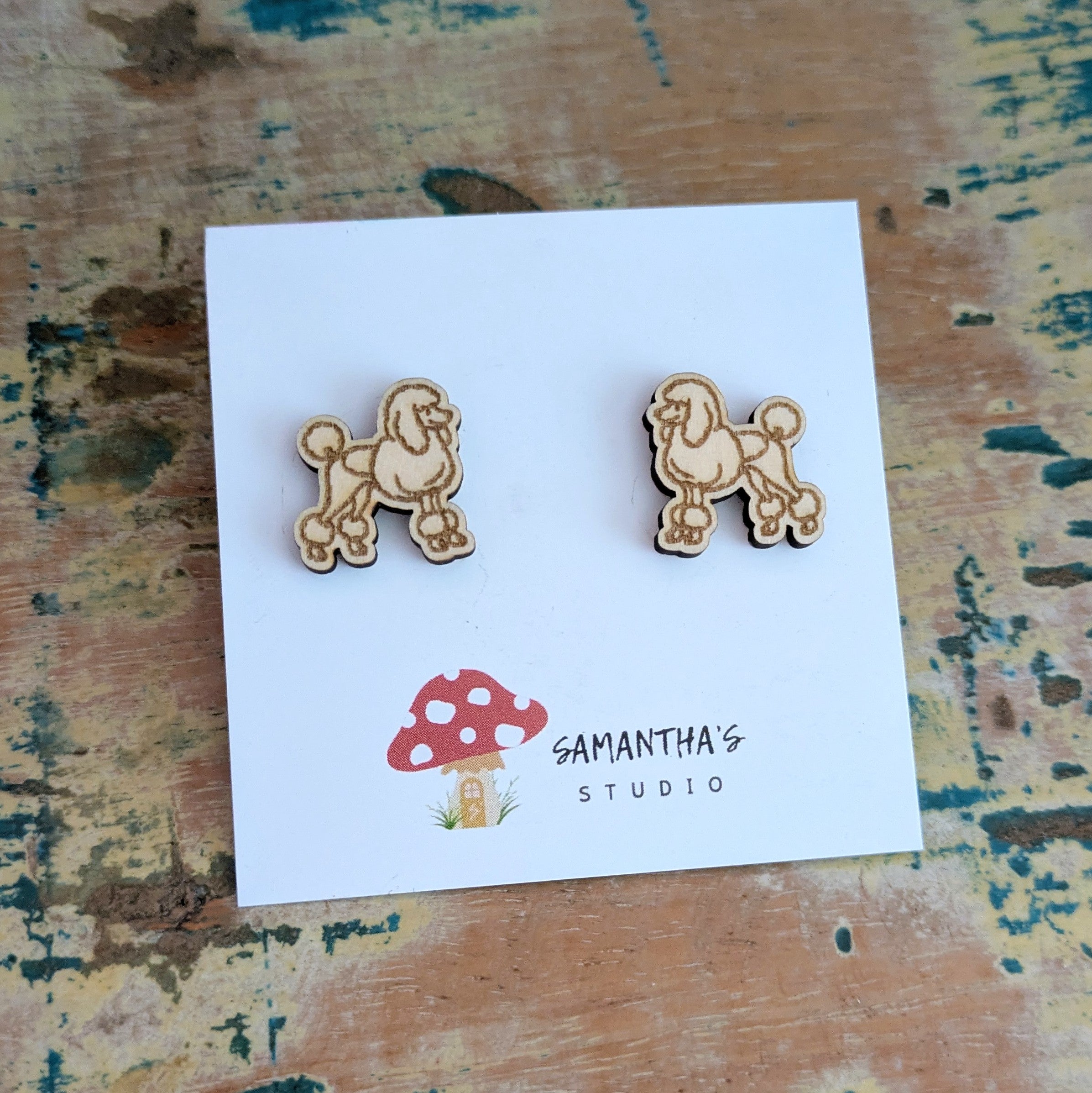 Poodle Dog wooden stud earrings