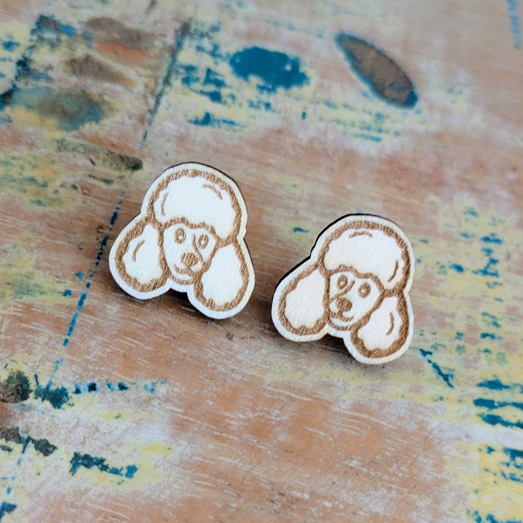 Poodle Face Dog wooden stud earrings