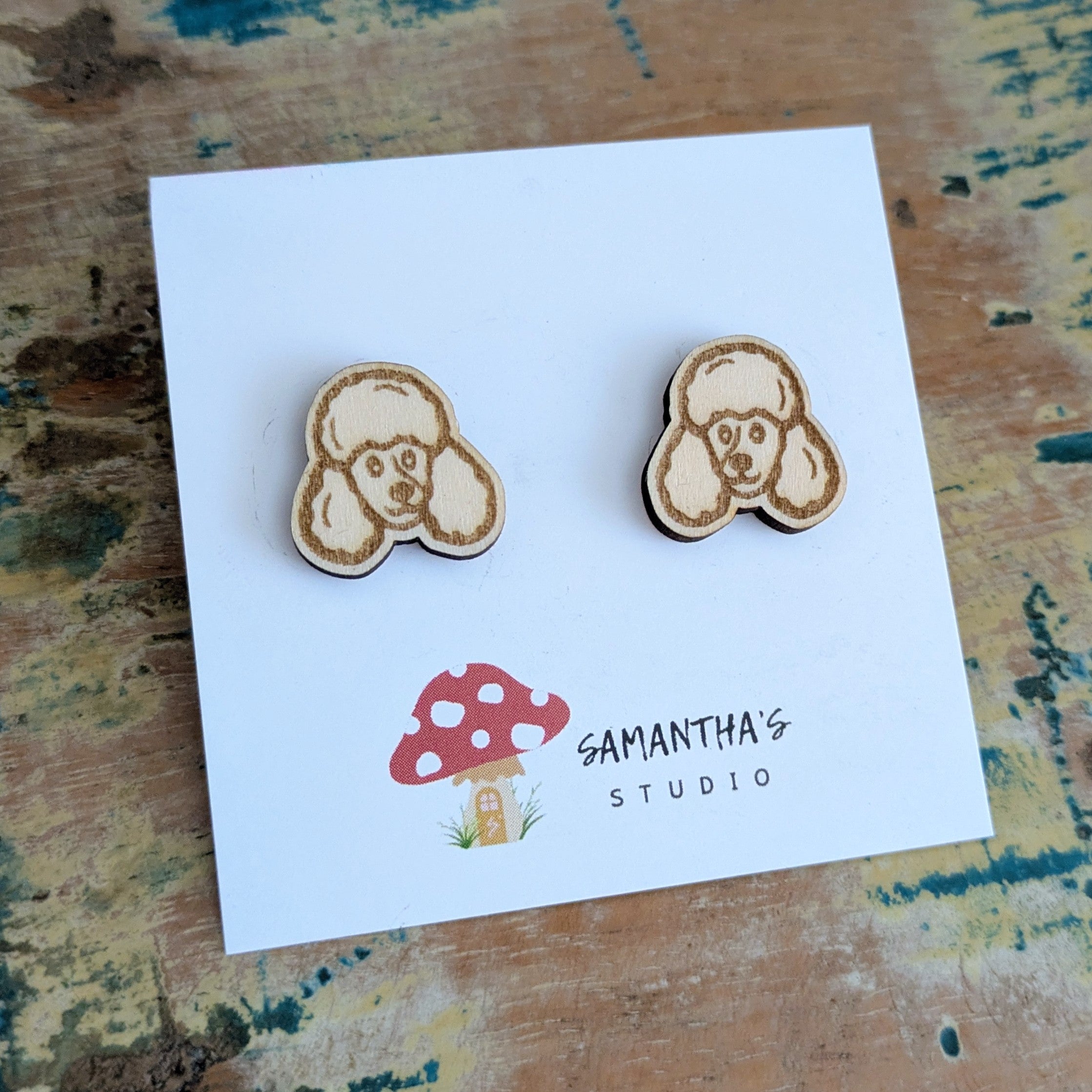 Poodle Face Dog wooden stud earrings