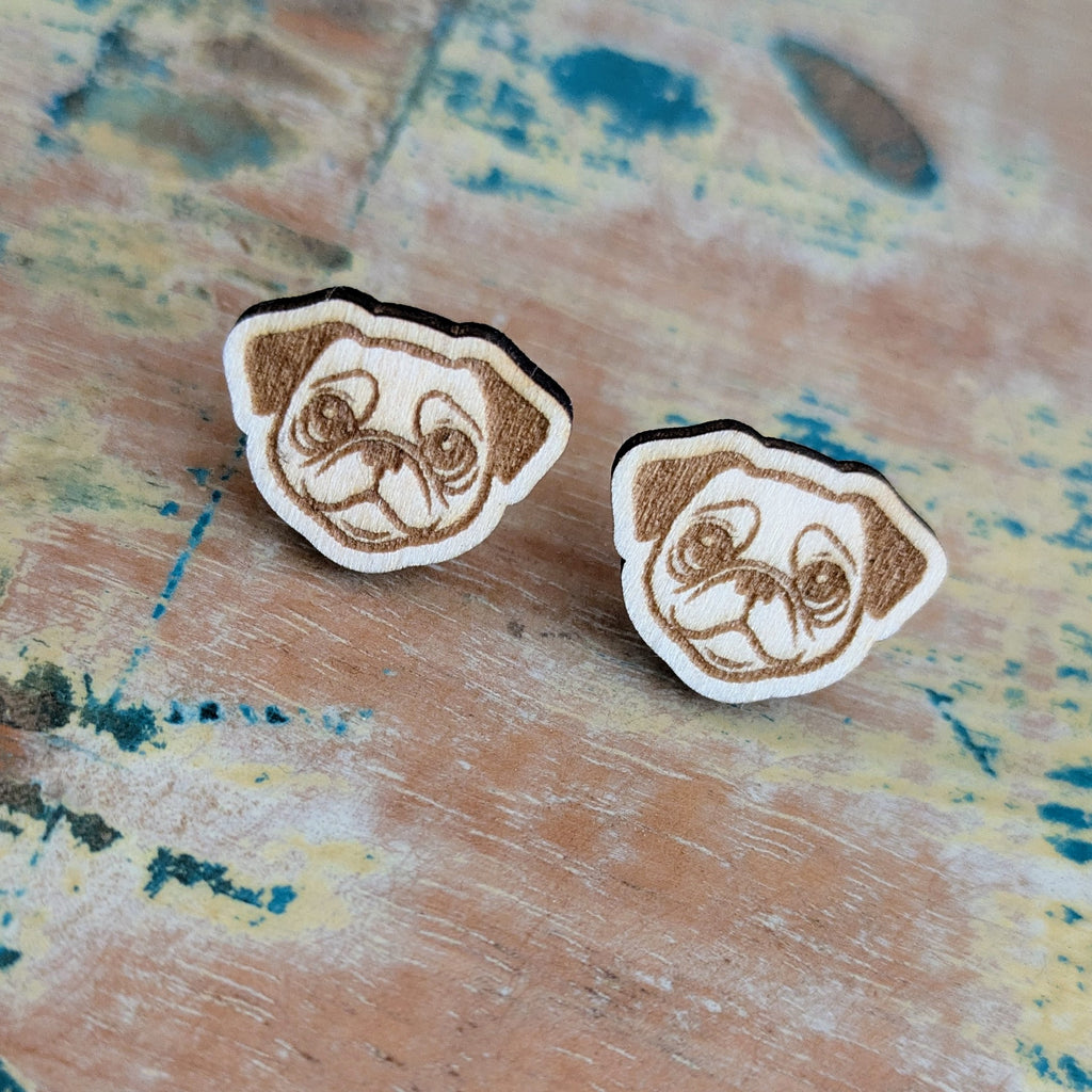 Pug Face Dog wooden stud earrings