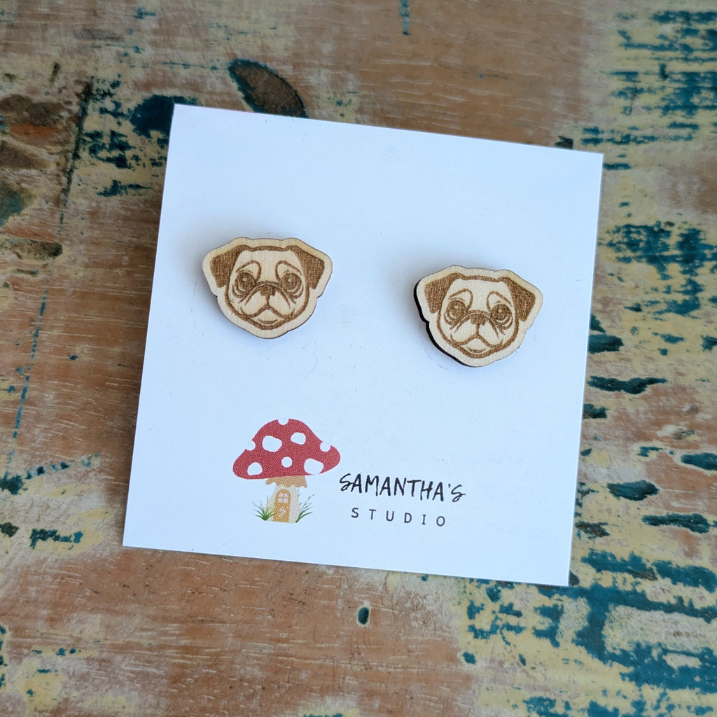 Pug Face Dog wooden stud earrings
