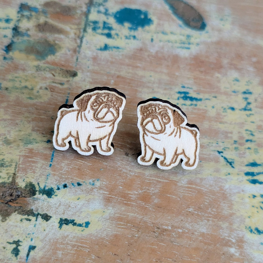 Pug Dog wooden stud earrings