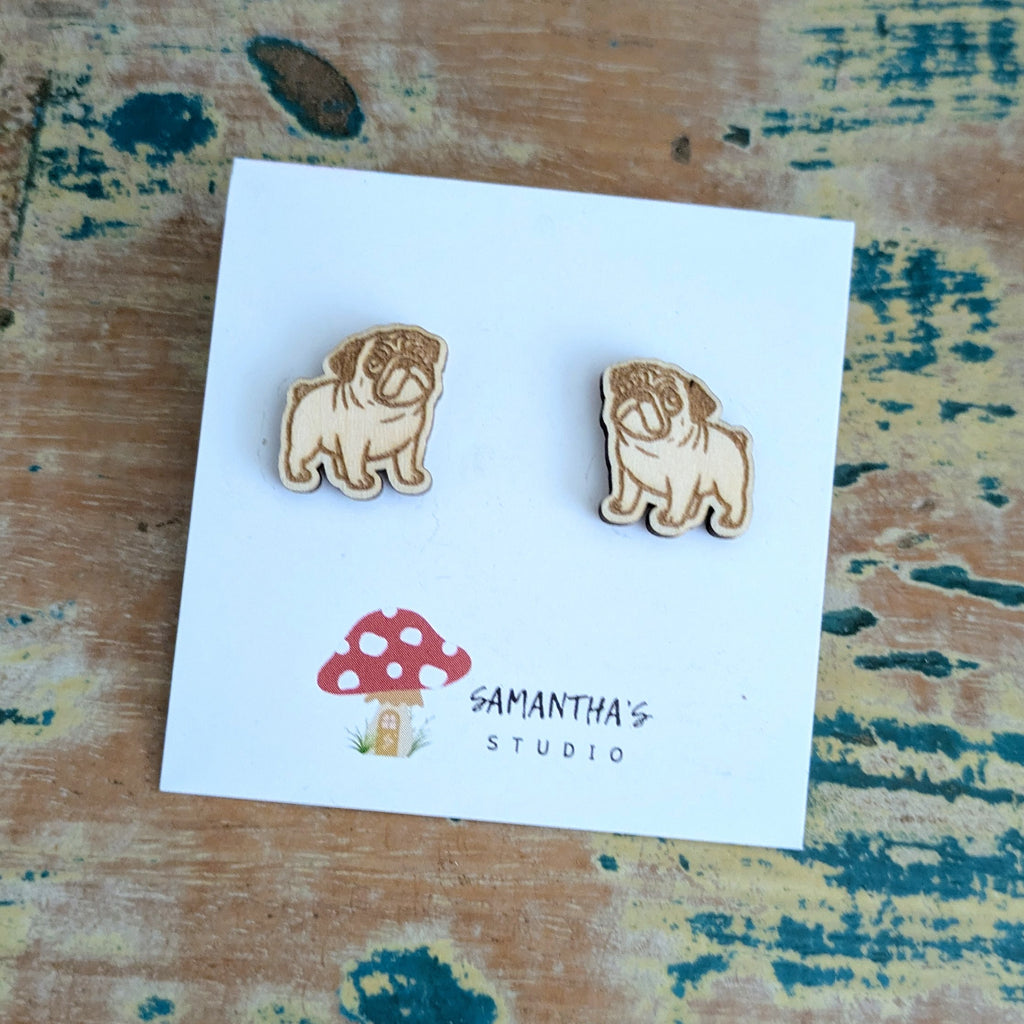 Pug Dog wooden stud earrings