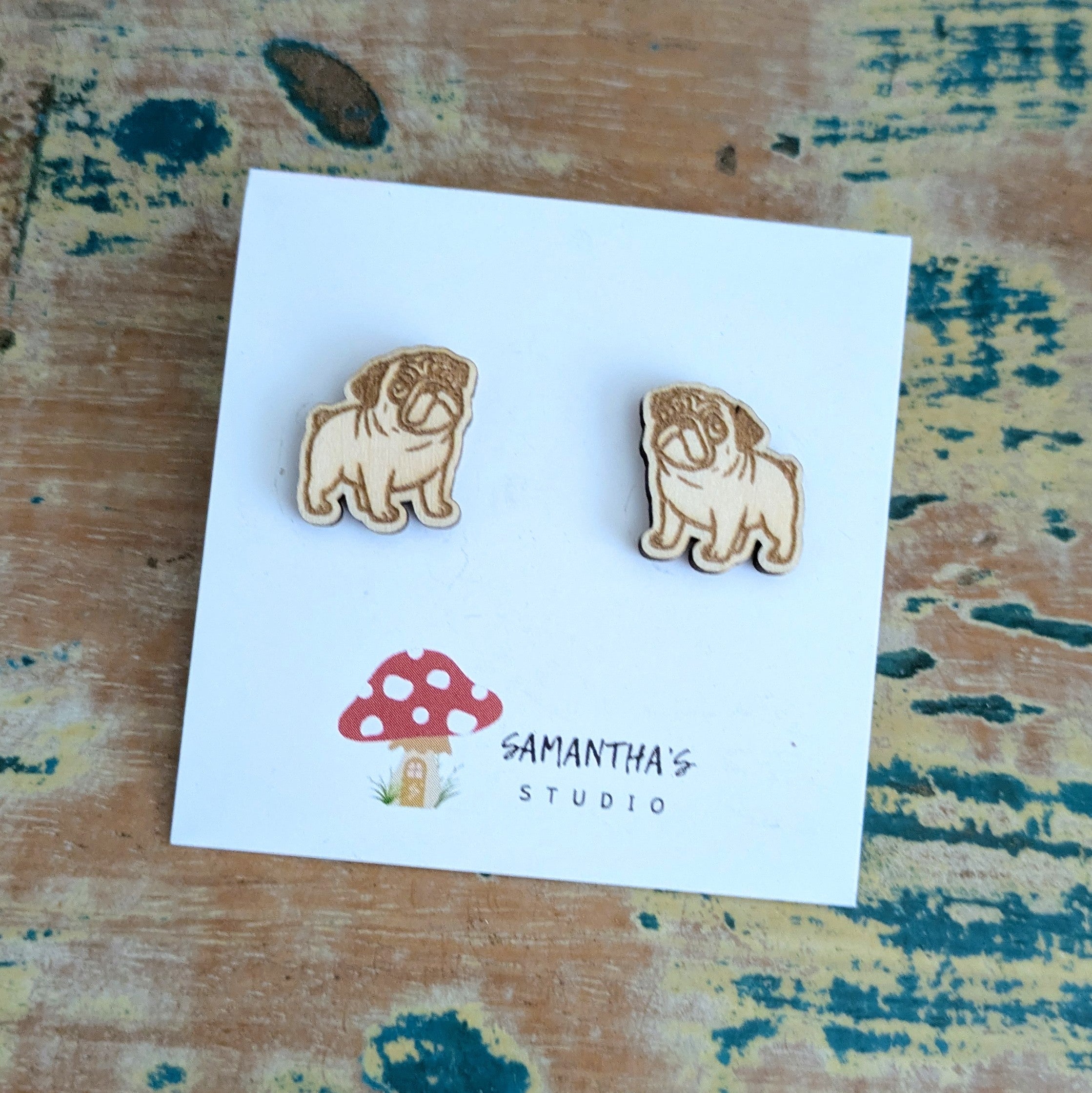 Pug Dog wooden stud earrings