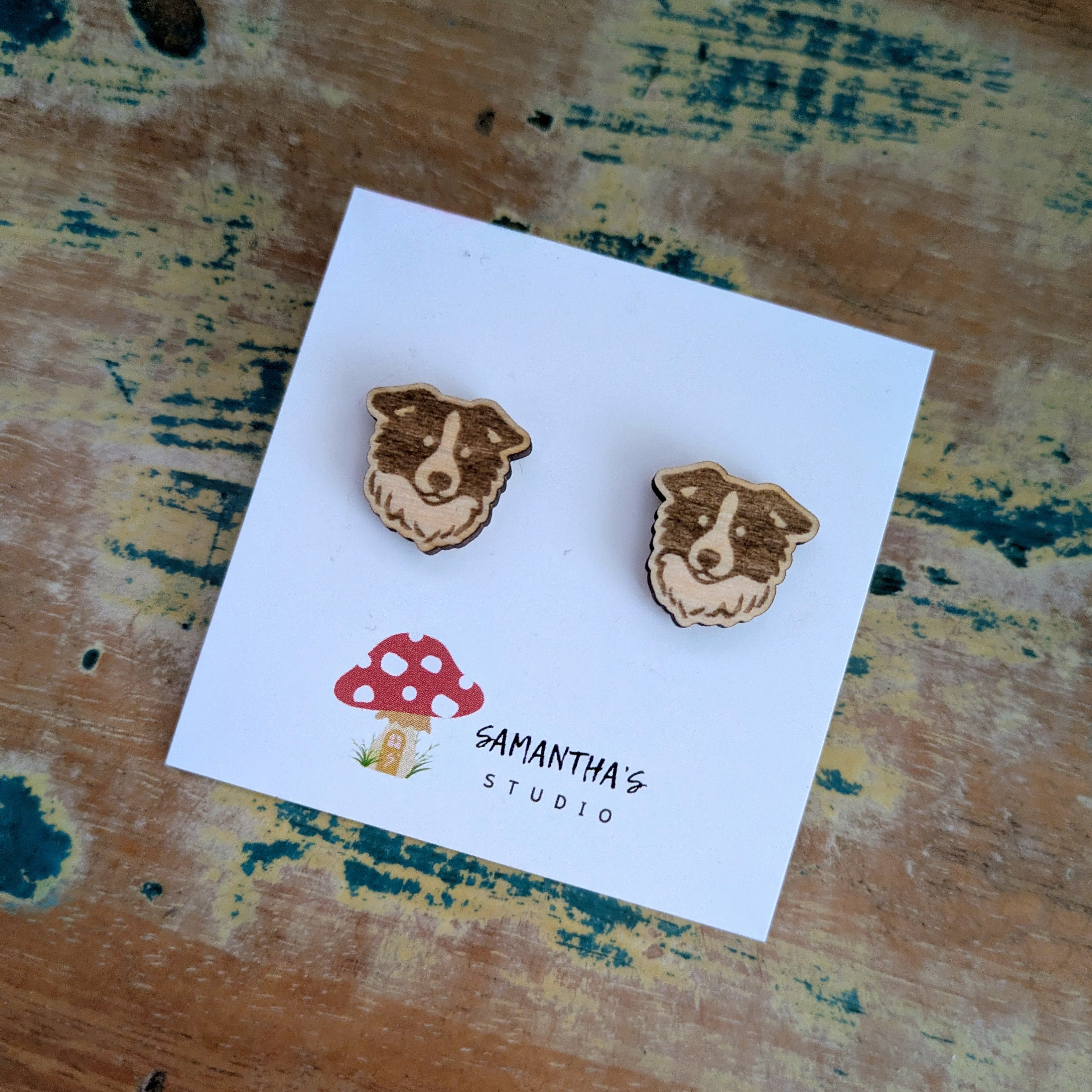 Border Collie Face Dog wooden stud earrings