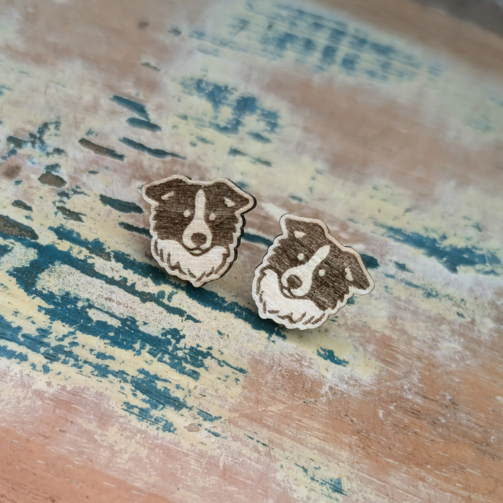 Border Collie Face Dog wooden stud earrings