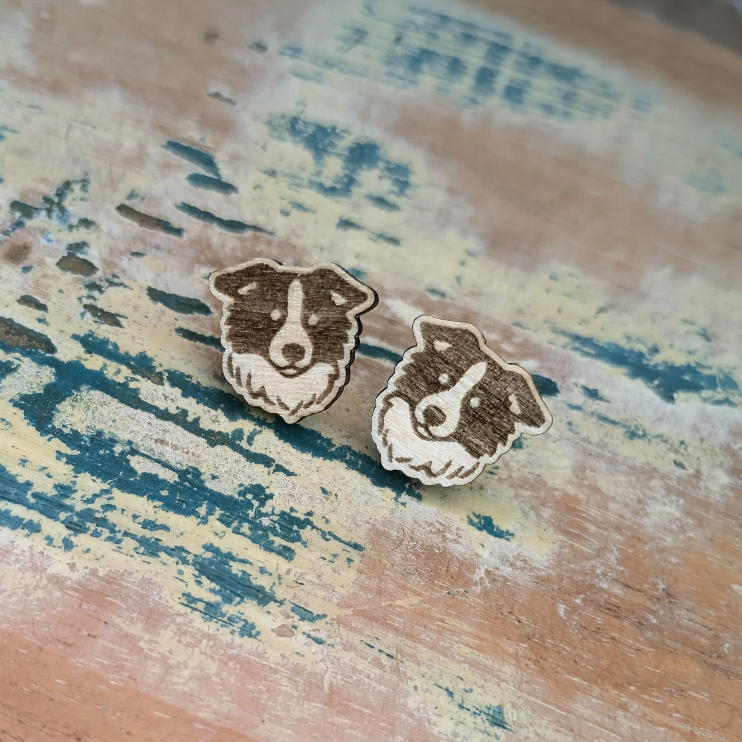 Border Collie Face Dog wooden stud earrings