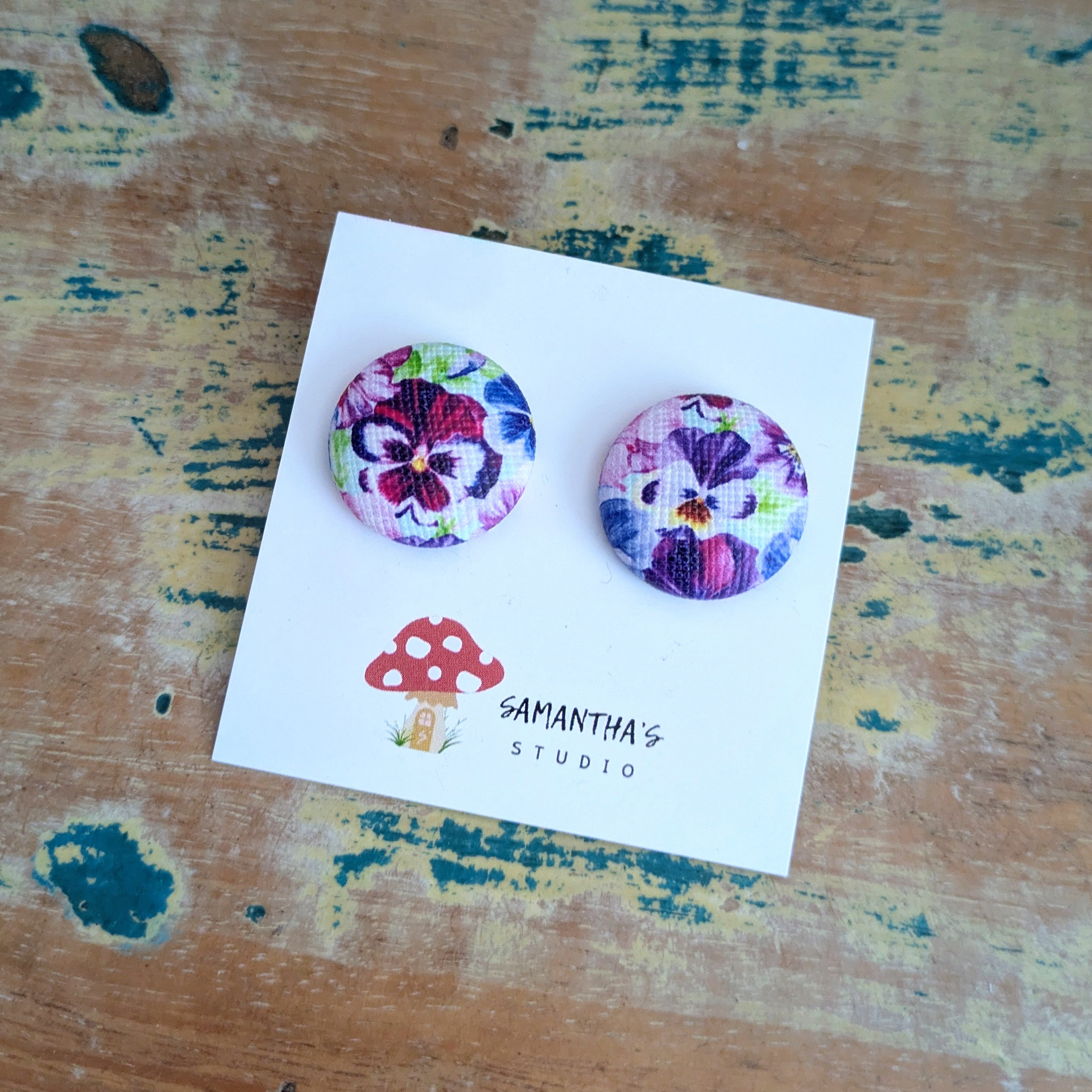 Pansy Flower Button Earrings
