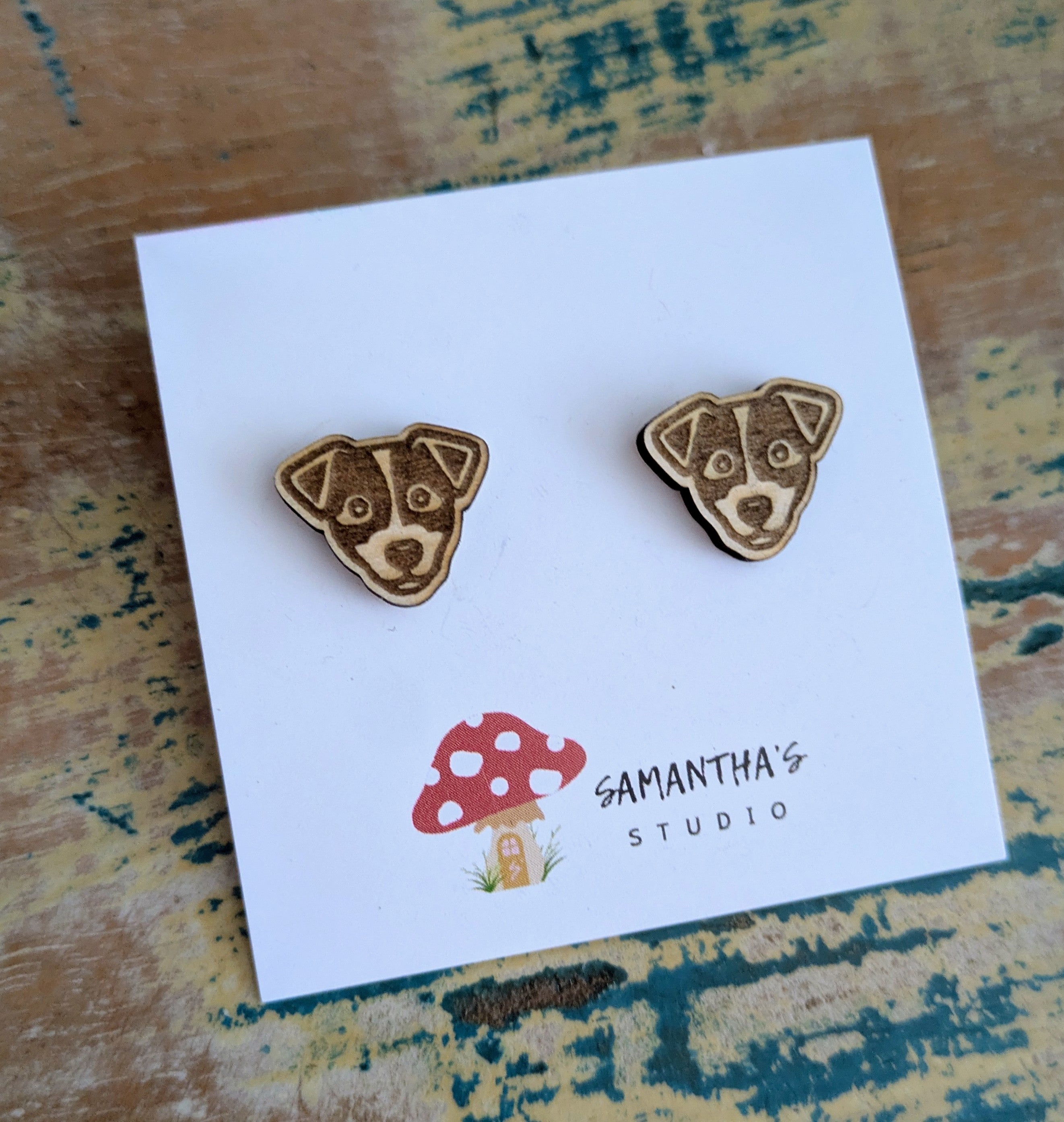 Jack Russell Face Dog wooden stud earrings