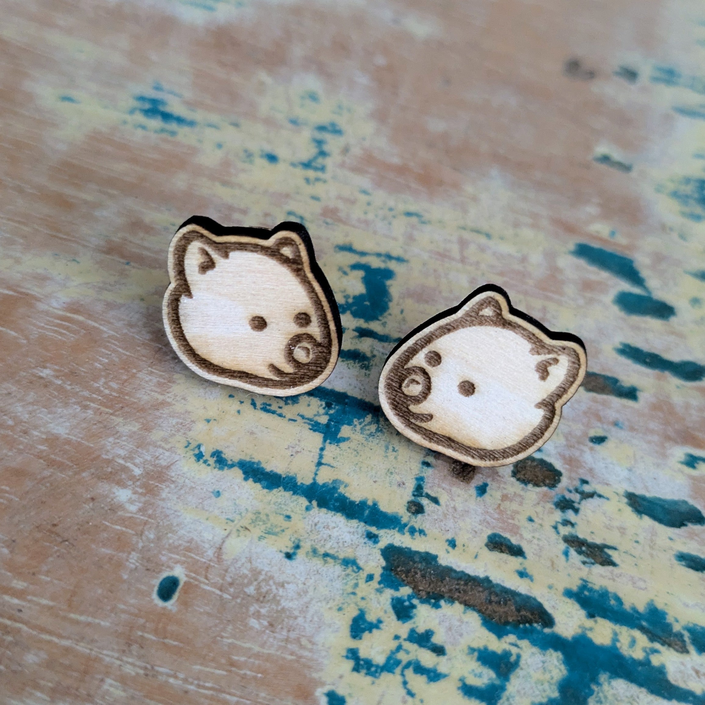 Wombat wooden face stud earrings