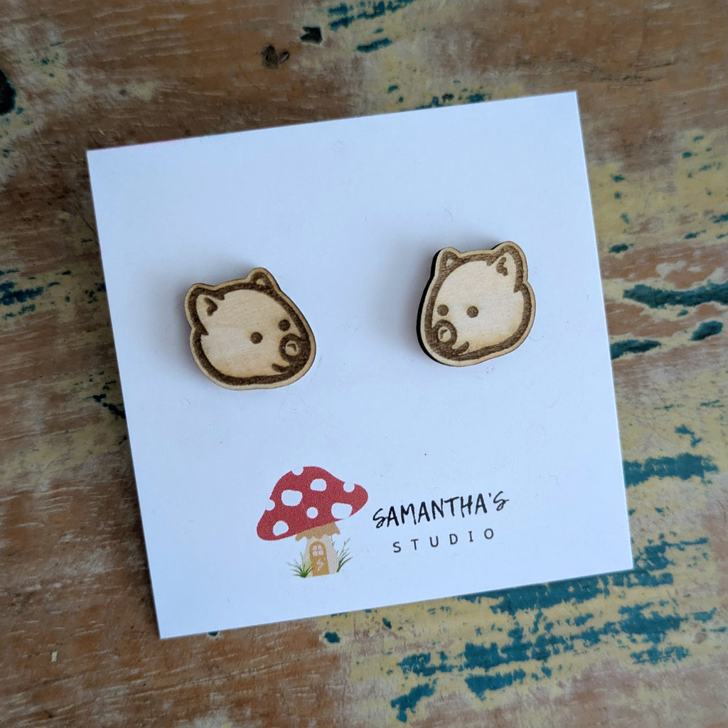 Wombat wooden face stud earrings