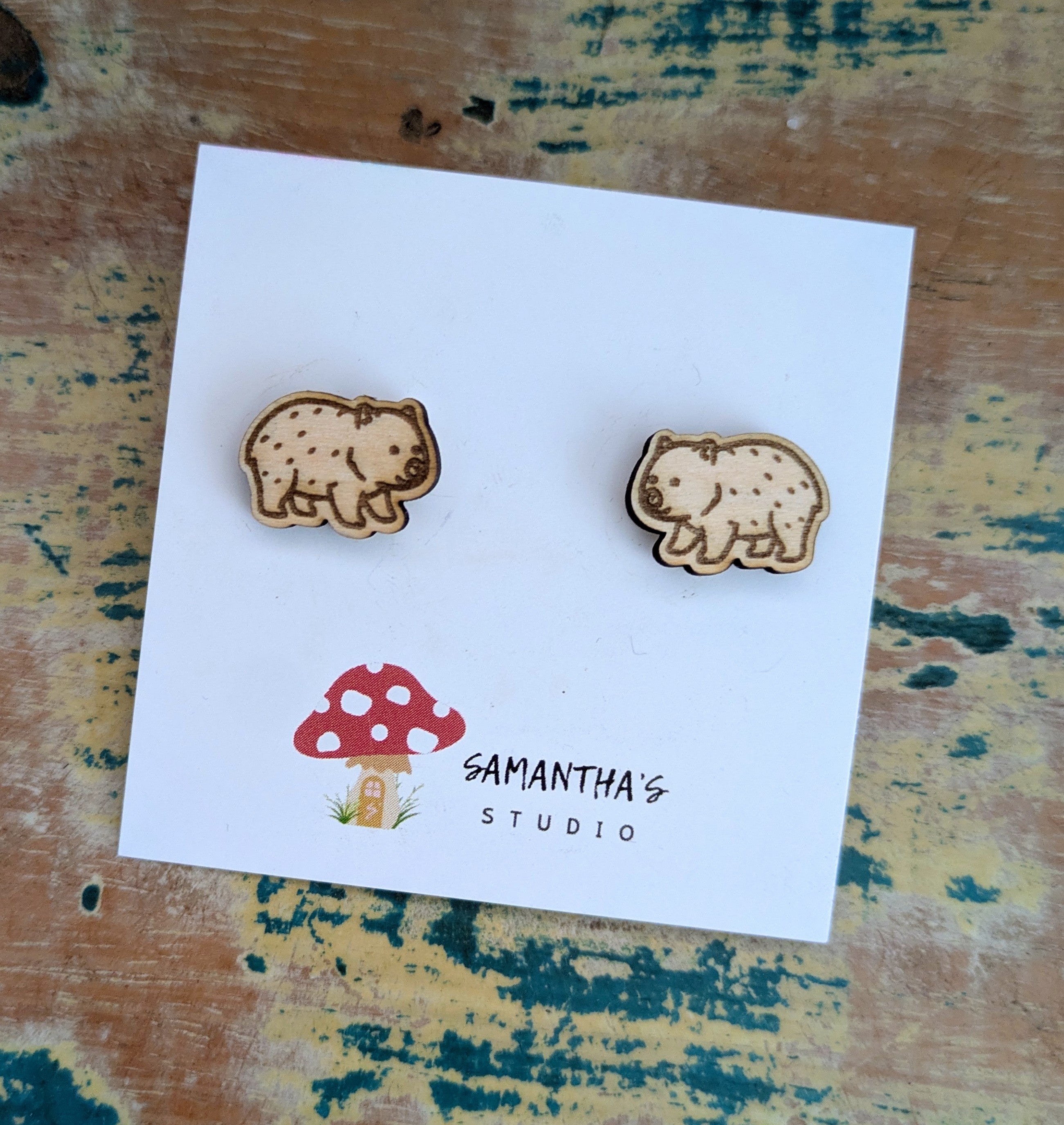 Wombat wooden stud earrings