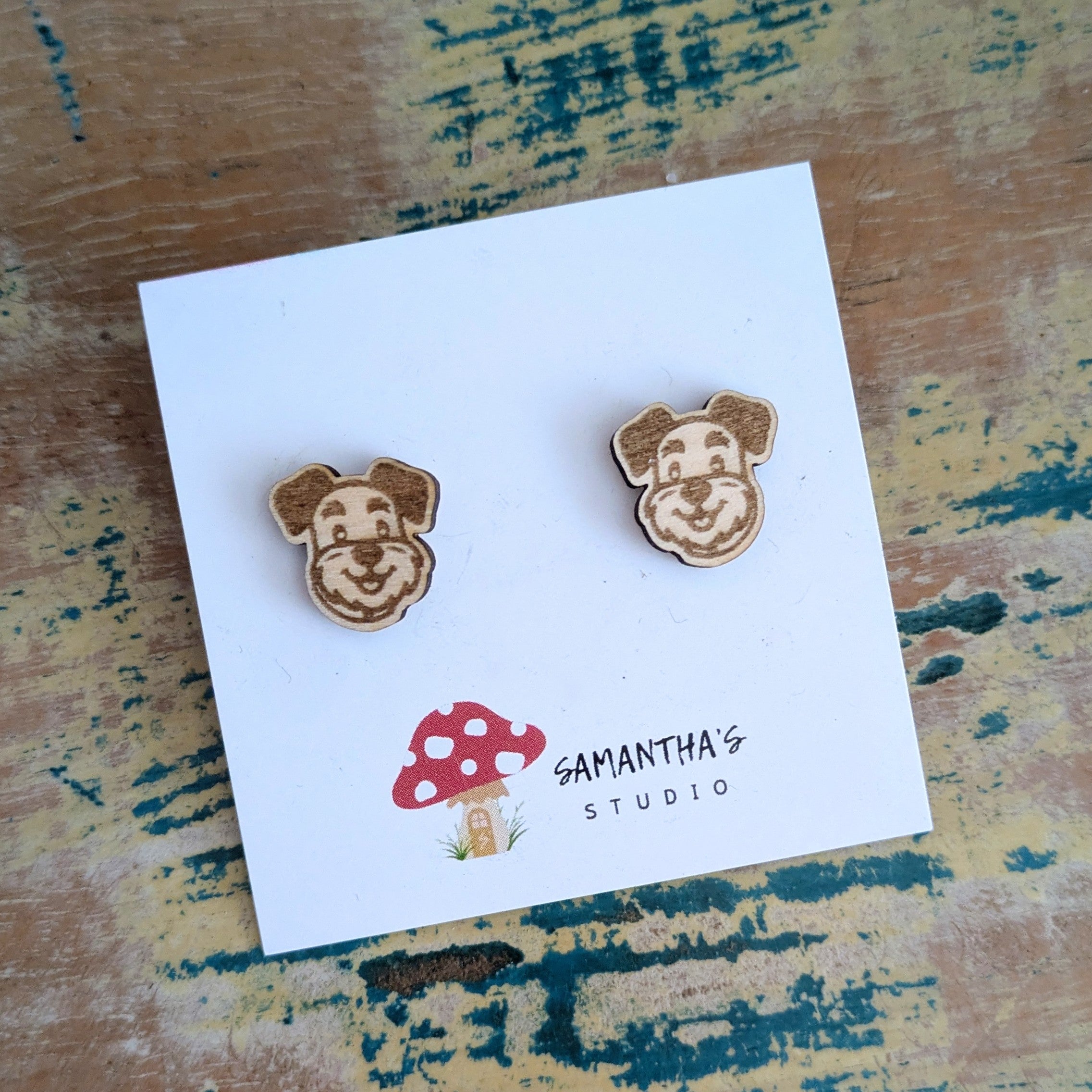 Schnauzer Face Dog wooden stud earrings