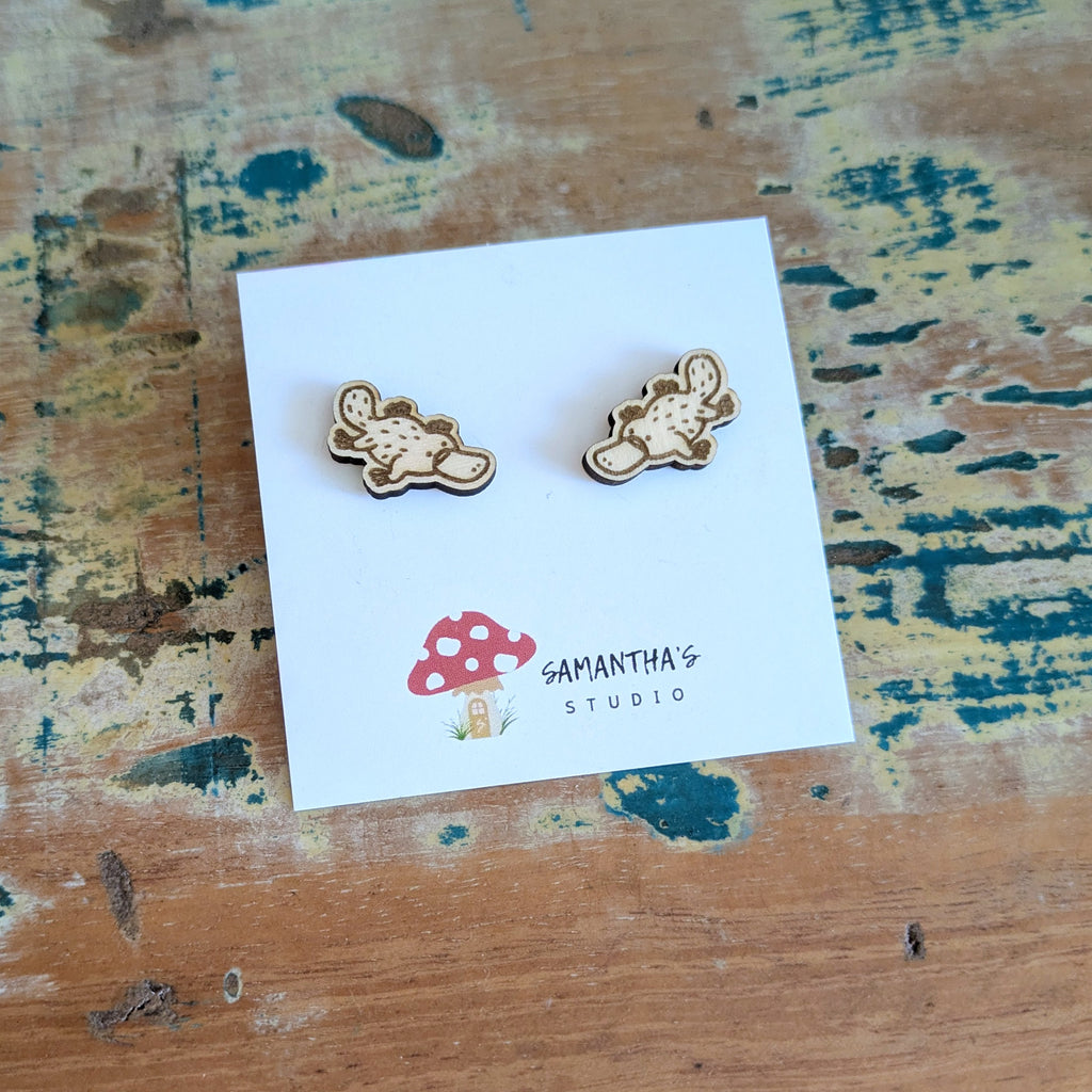 Platypus wooden stud earrings