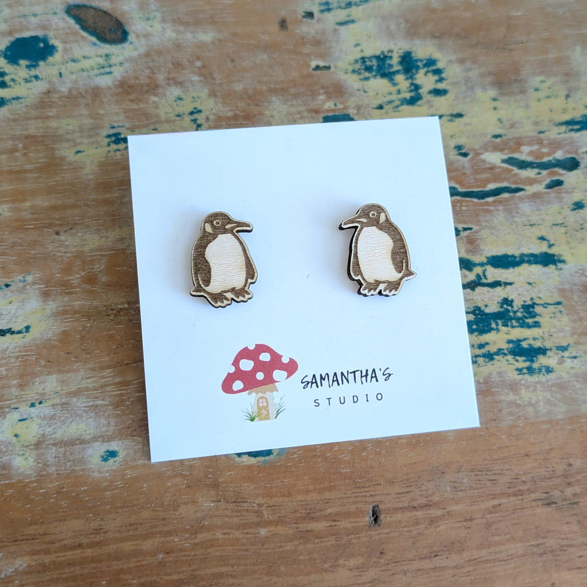 Penguin wooden stud earrings