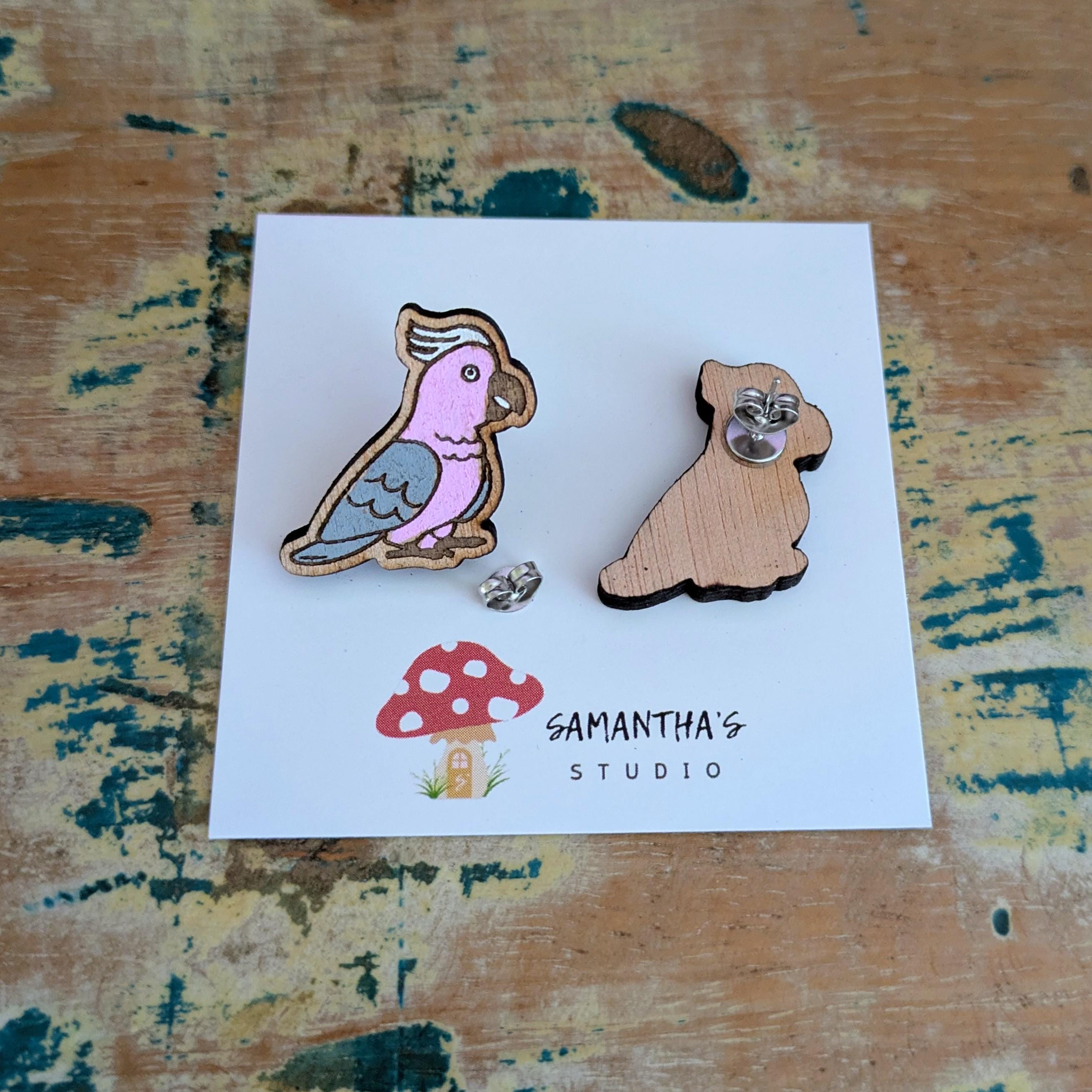 Galah Bird Stud earrings, wooden hand painted Australian bird earrings
