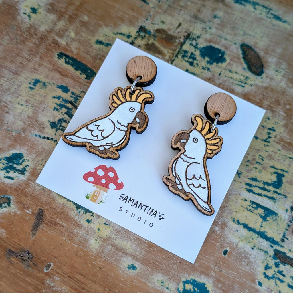 Cookatoo Dangle Earrings, Wooden Bird earrings,