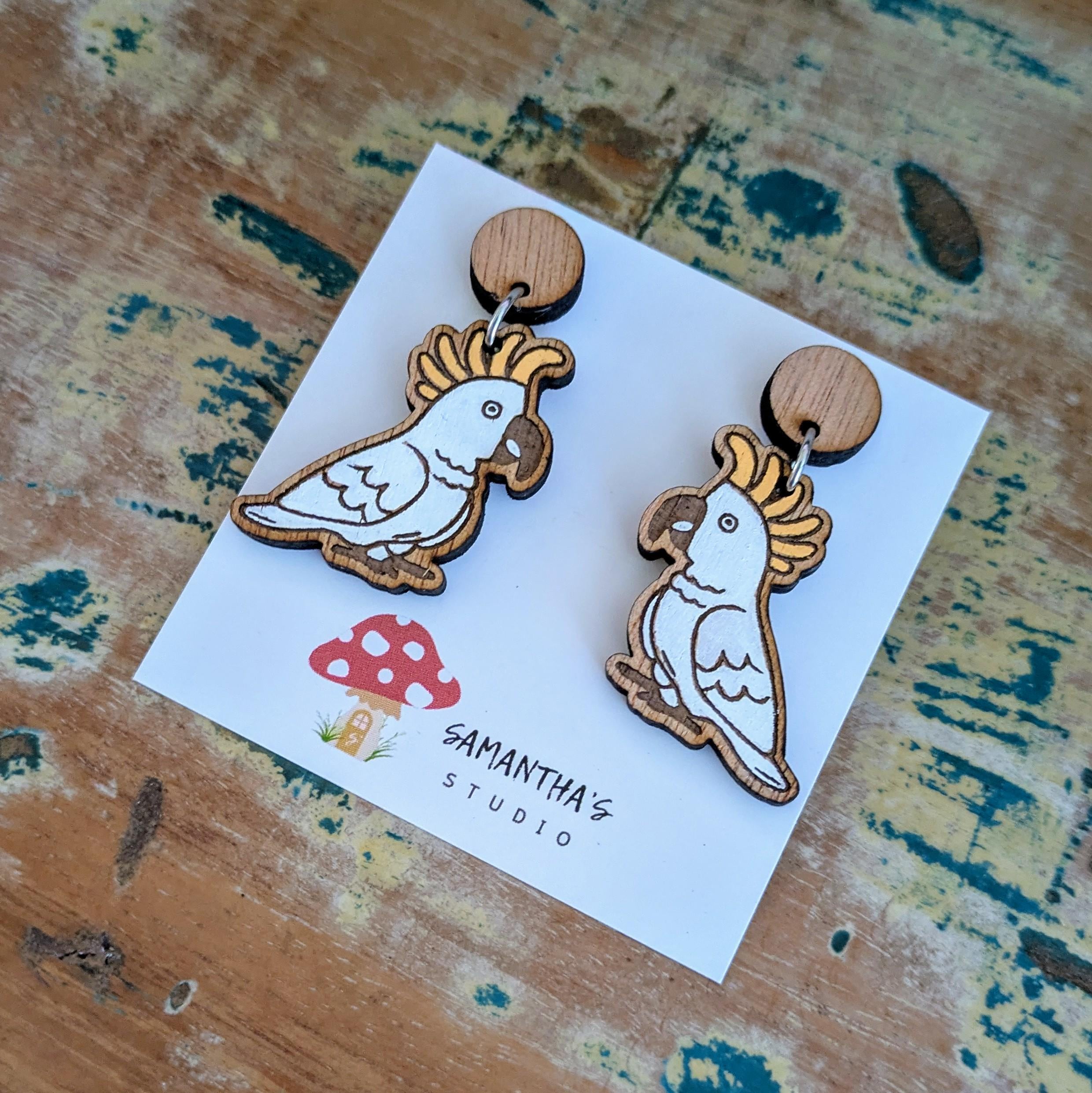 Cookatoo Dangle Earrings, Wooden Bird earrings,