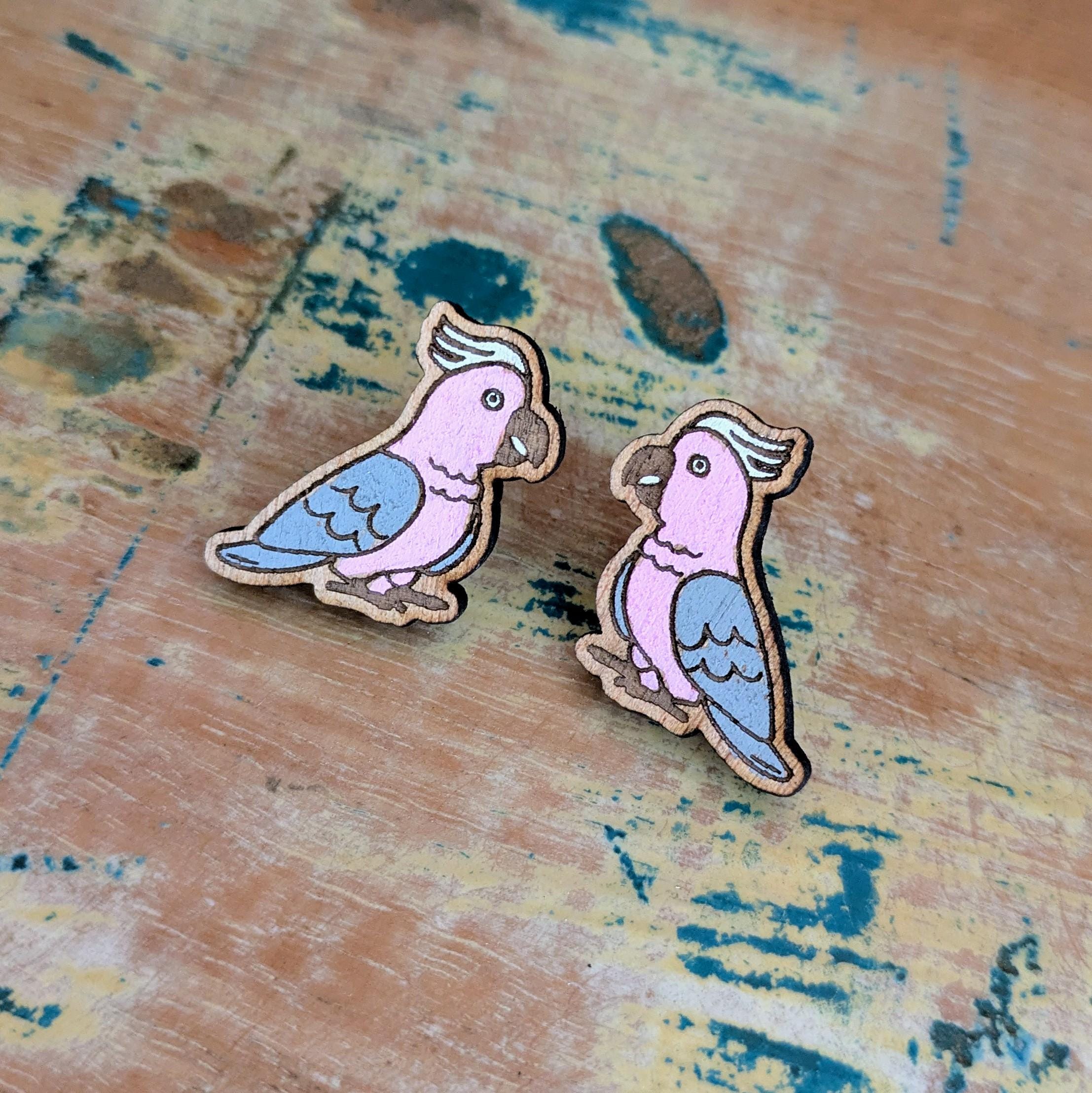 Galah Bird Stud earrings, wooden hand painted Australian bird earrings