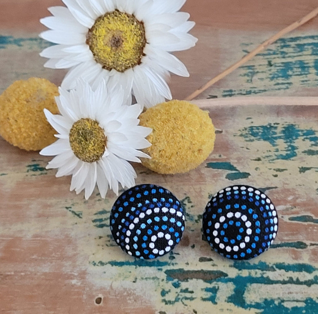 Indigenous Dot Art Fabric Button stud earrings in blues & black