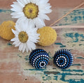 Indigenous Dot Art Fabric Button stud earrings in blues & black