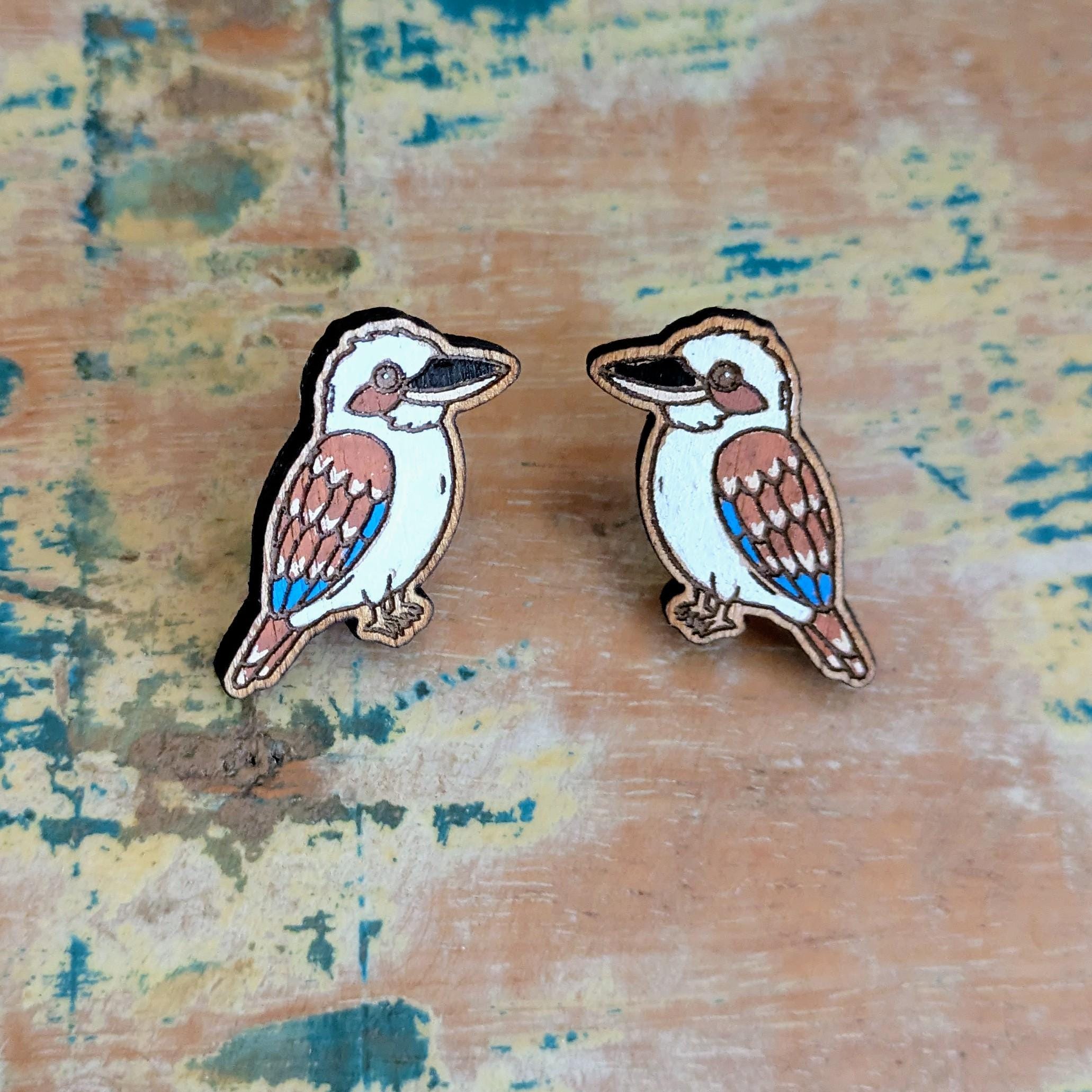 Kookaburra Bird Stud earrings, wooden hand painted Australian bird earrings