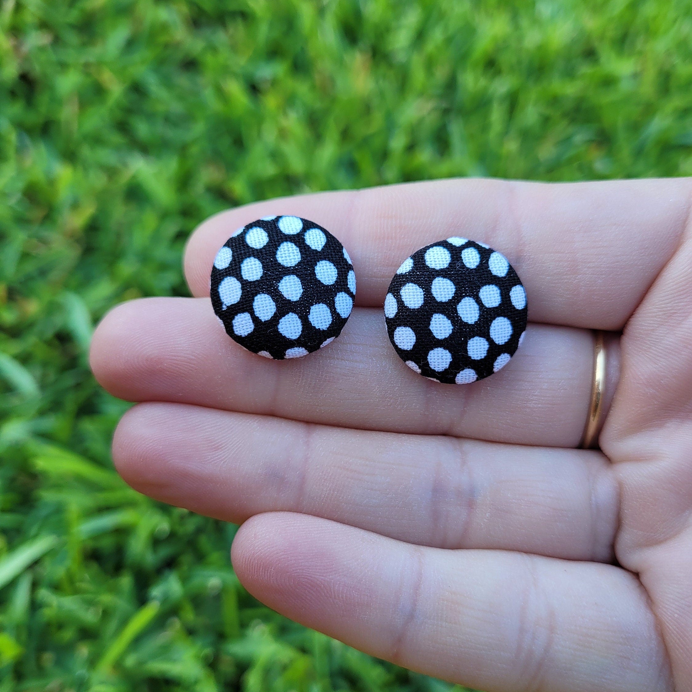 Black and White Organic Polka dot Button stud earrings