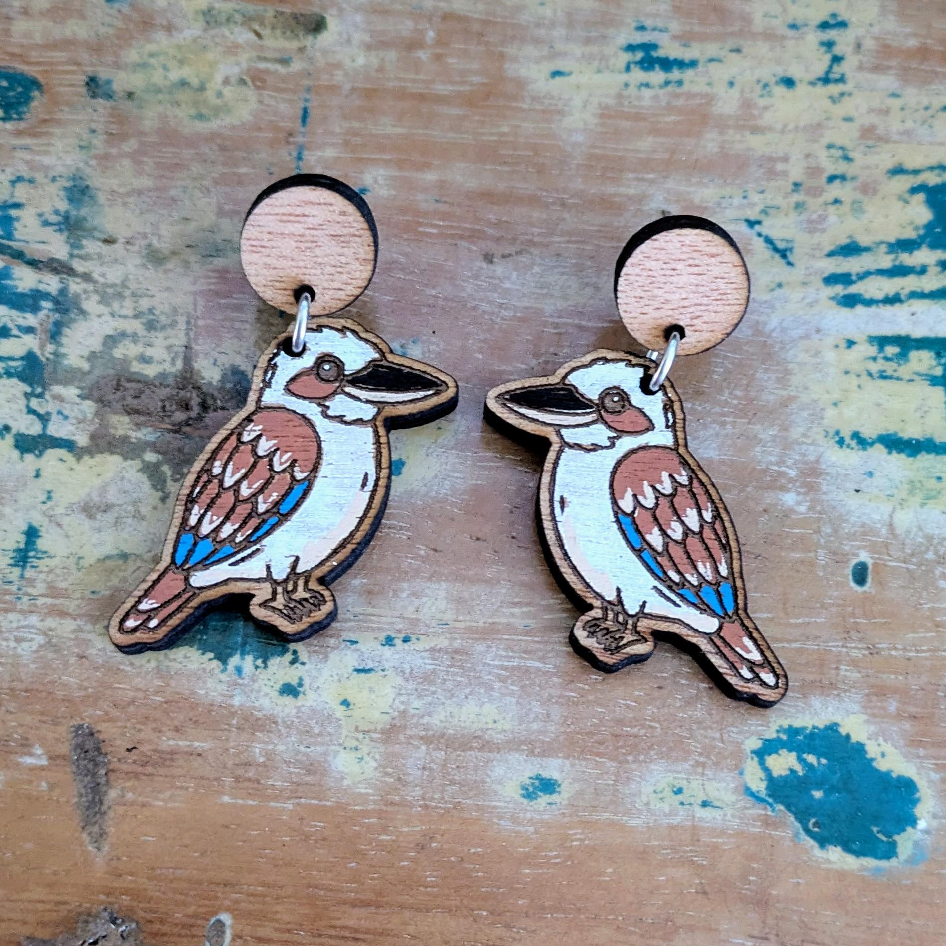 Kookaburra Bird Dangle Earrings, Wooden handprinted earrings.