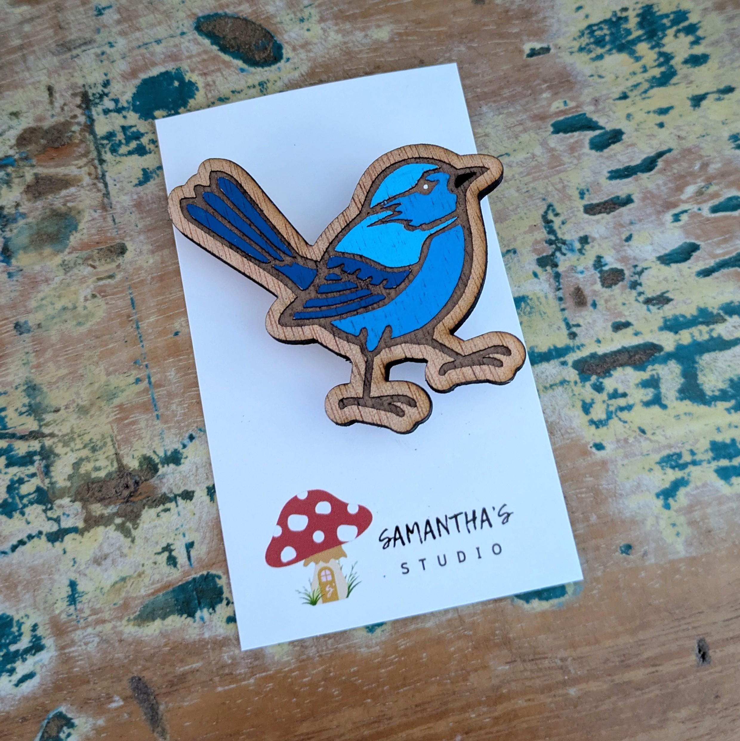 Blue Wren Bird wooden brooch