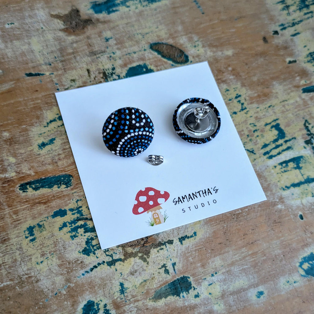 Indigenous Dot Art Fabric Button stud earrings in blues & black